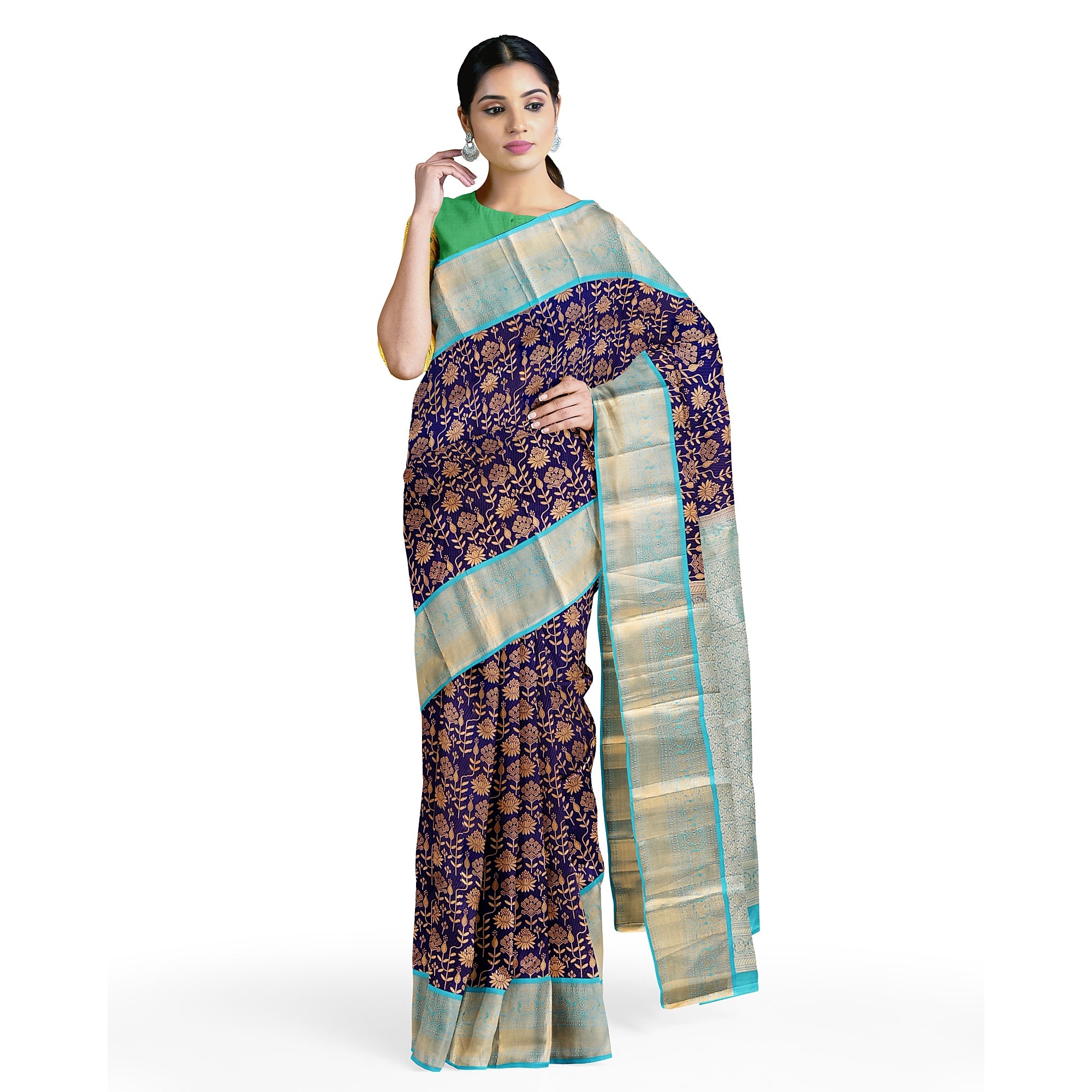 Navy Blue Kanjivaram Silk Saree with Sky Blue Zari Border – Pure Handloom Bridal Saree Online - New Sudarshan Silks`