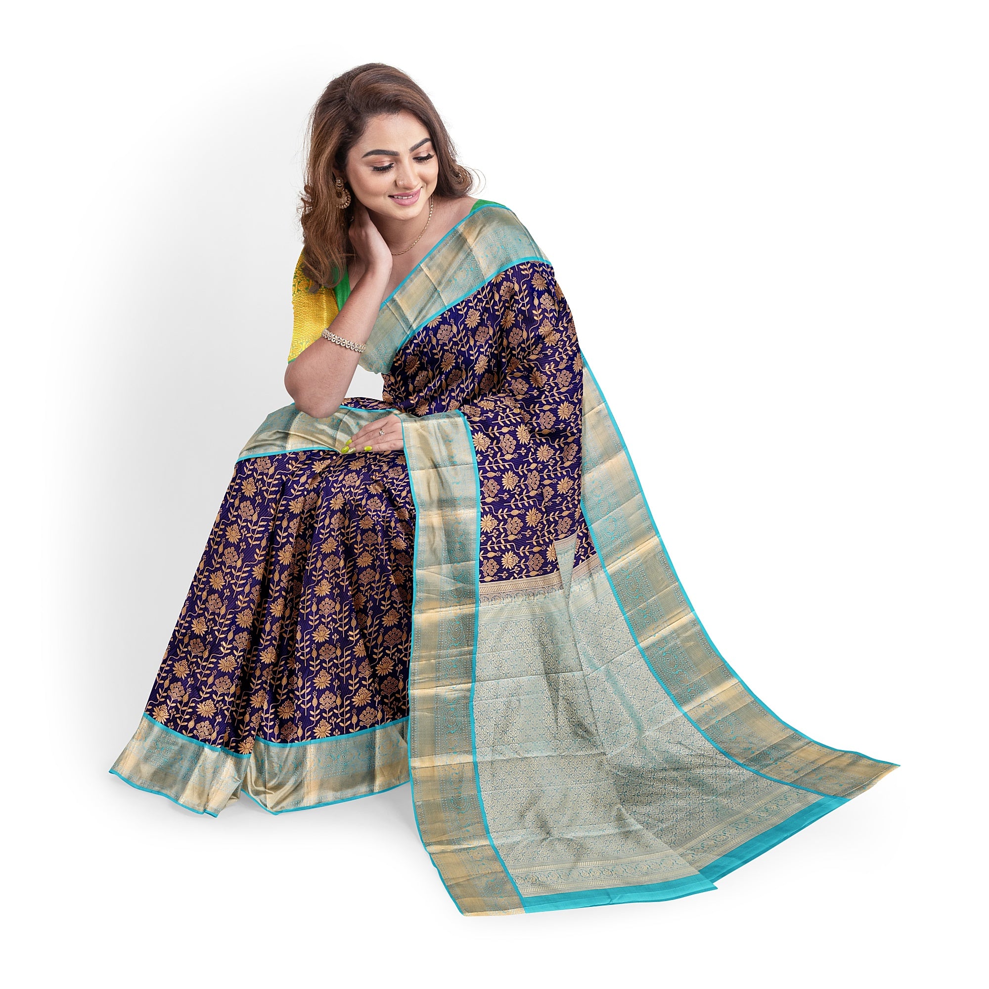 Navy Blue Kanjivaram Silk Saree with Sky Blue Zari Border – Pure Handloom Bridal Saree Online - New Sudarshan Silks`