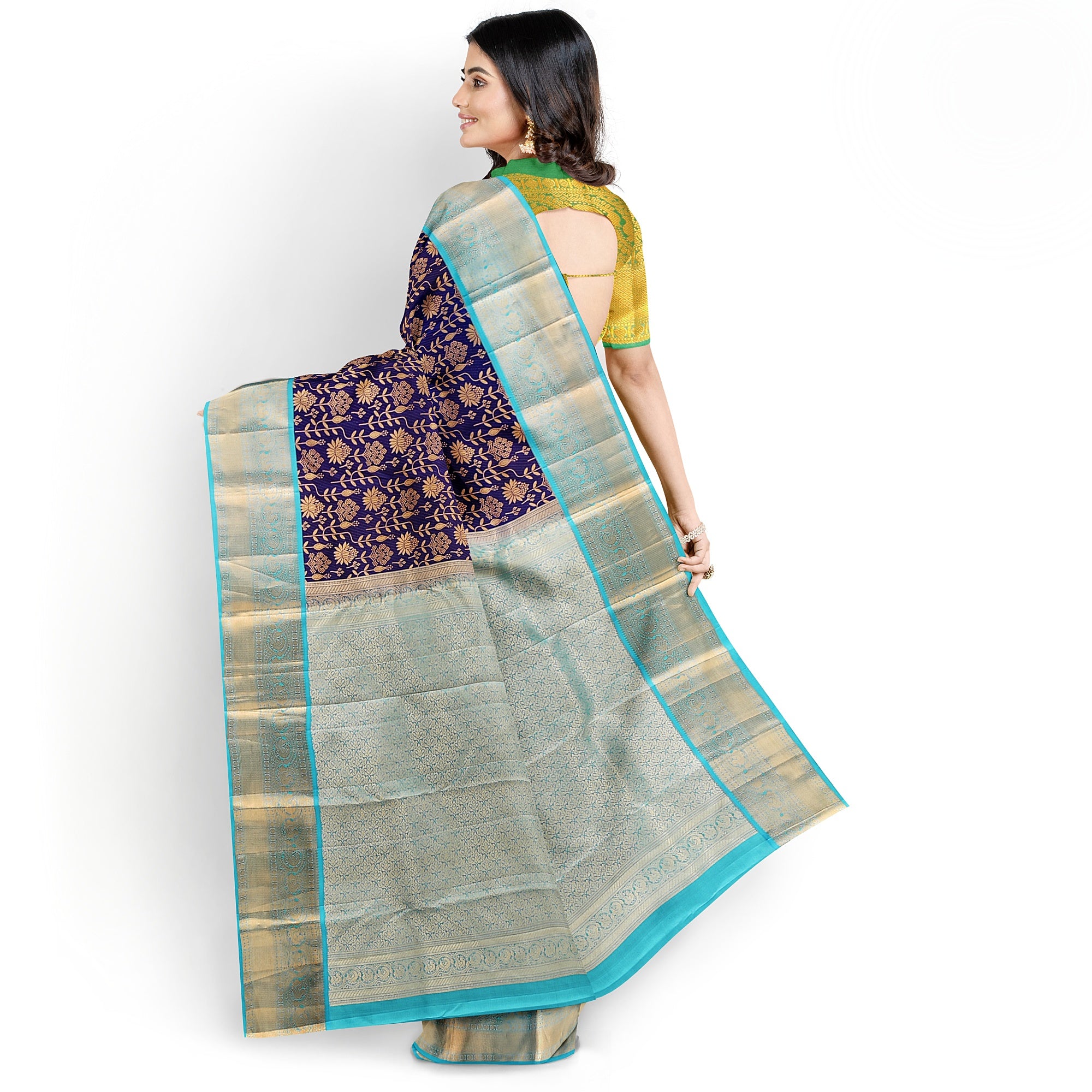 Navy Blue Kanjivaram Silk Saree with Sky Blue Zari Border – Pure Handloom Bridal Saree Online - New Sudarshan Silks`