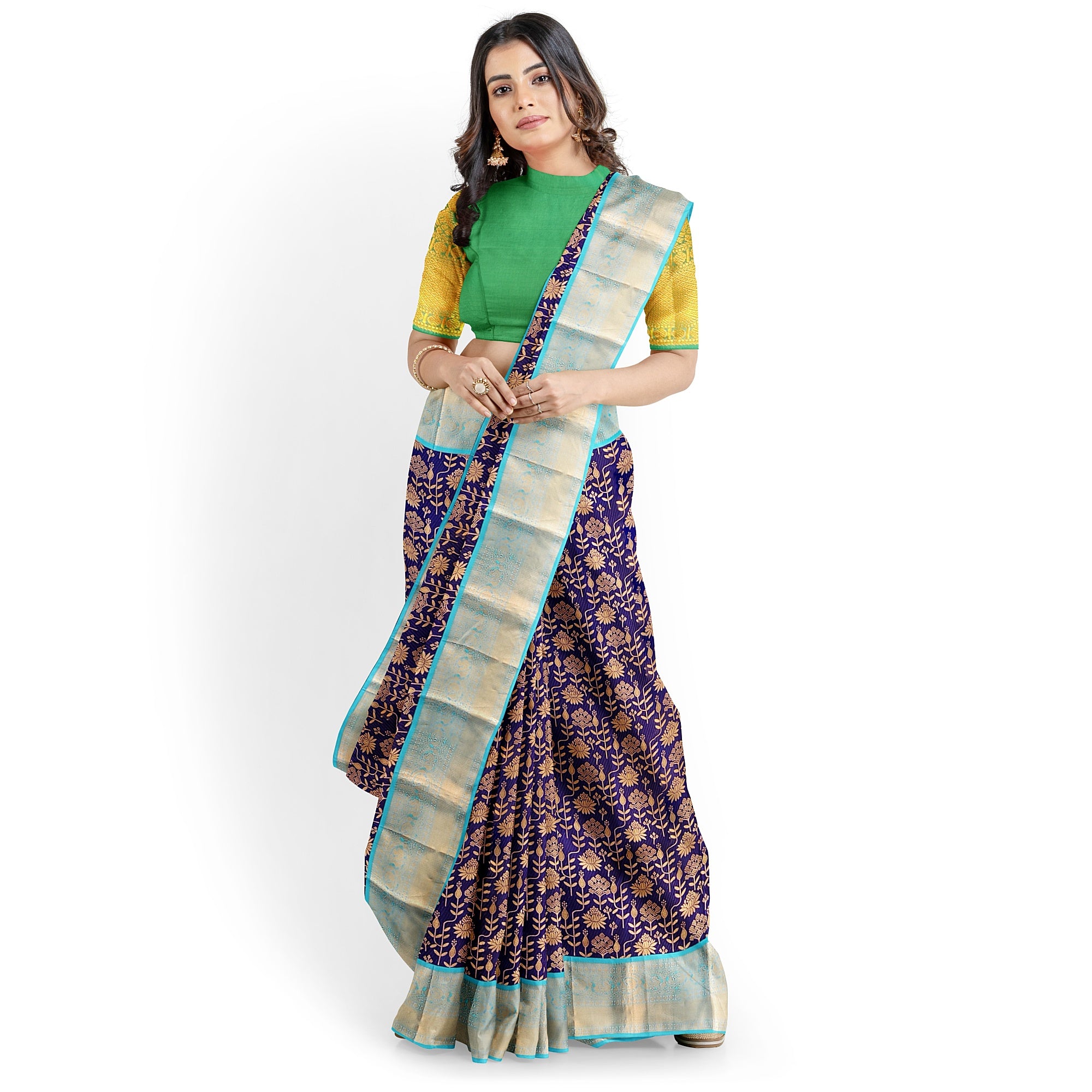 Navy Blue Kanjivaram Silk Saree with Sky Blue Zari Border – Pure Handloom Bridal Saree Online - New Sudarshan Silks`