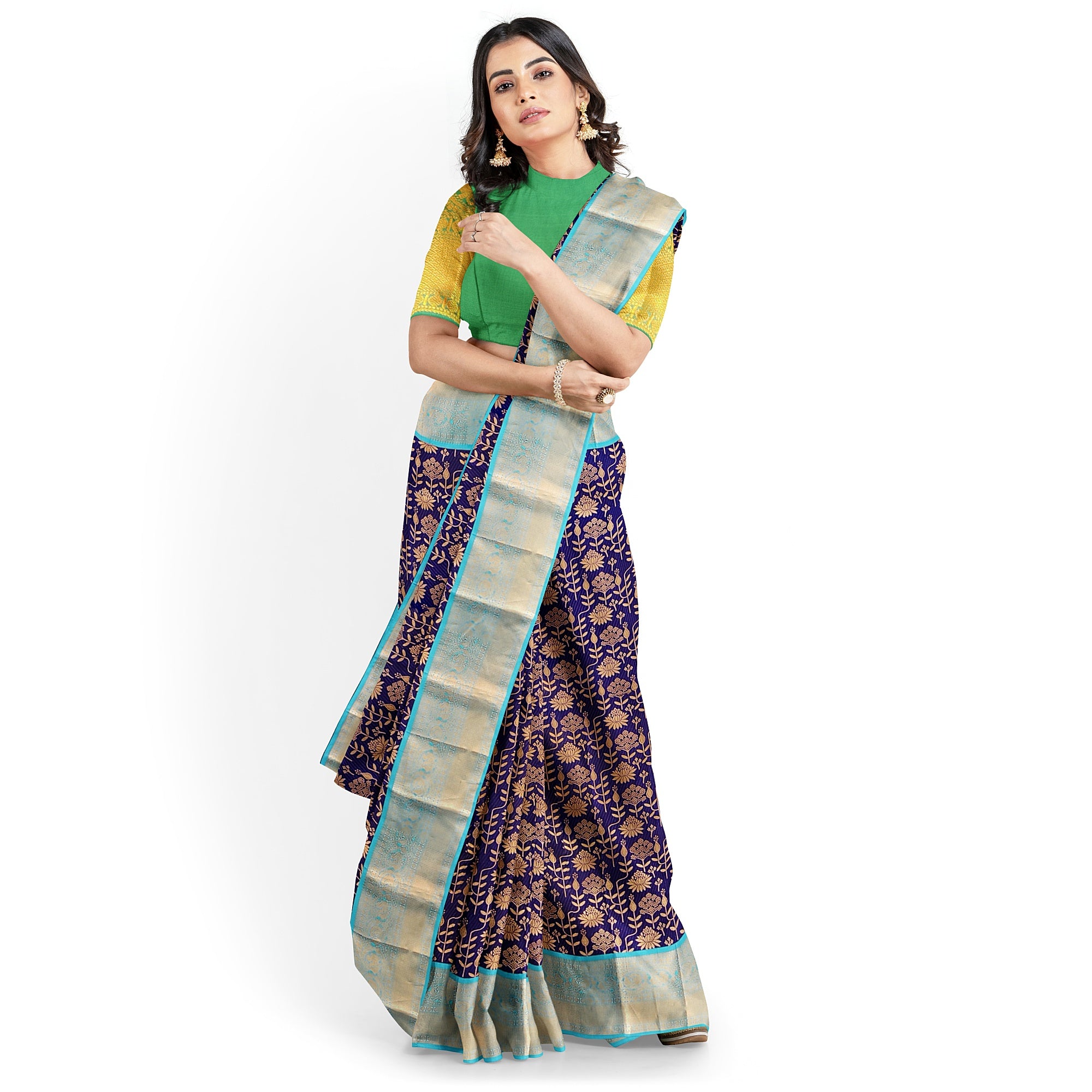 Navy Blue Kanjivaram Silk Saree with Sky Blue Zari Border – Pure Handloom Bridal Saree Online - New Sudarshan Silks`