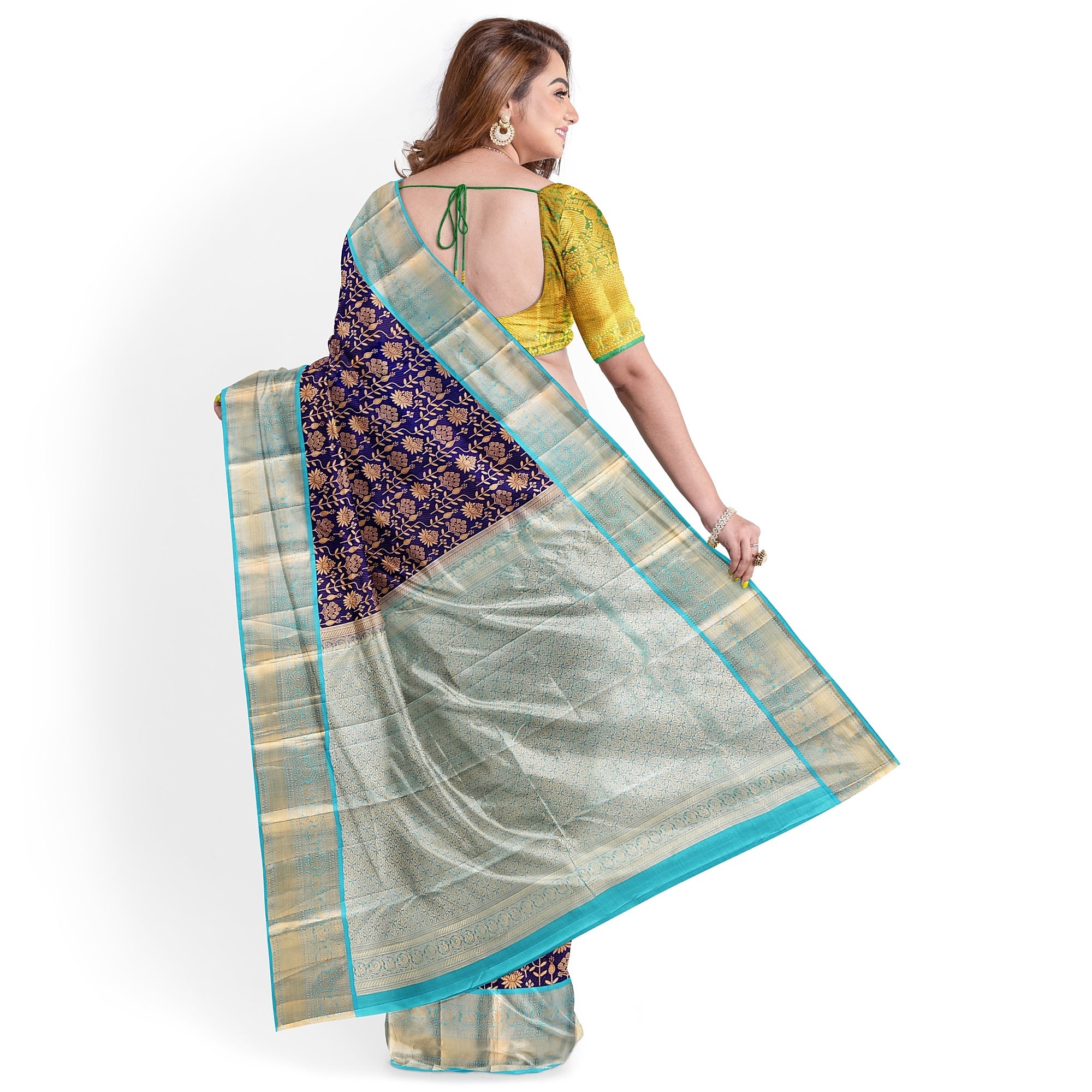 Navy Blue Kanjivaram Silk Saree with Sky Blue Zari Border – Pure Handloom Bridal Saree Online - New Sudarshan Silks`