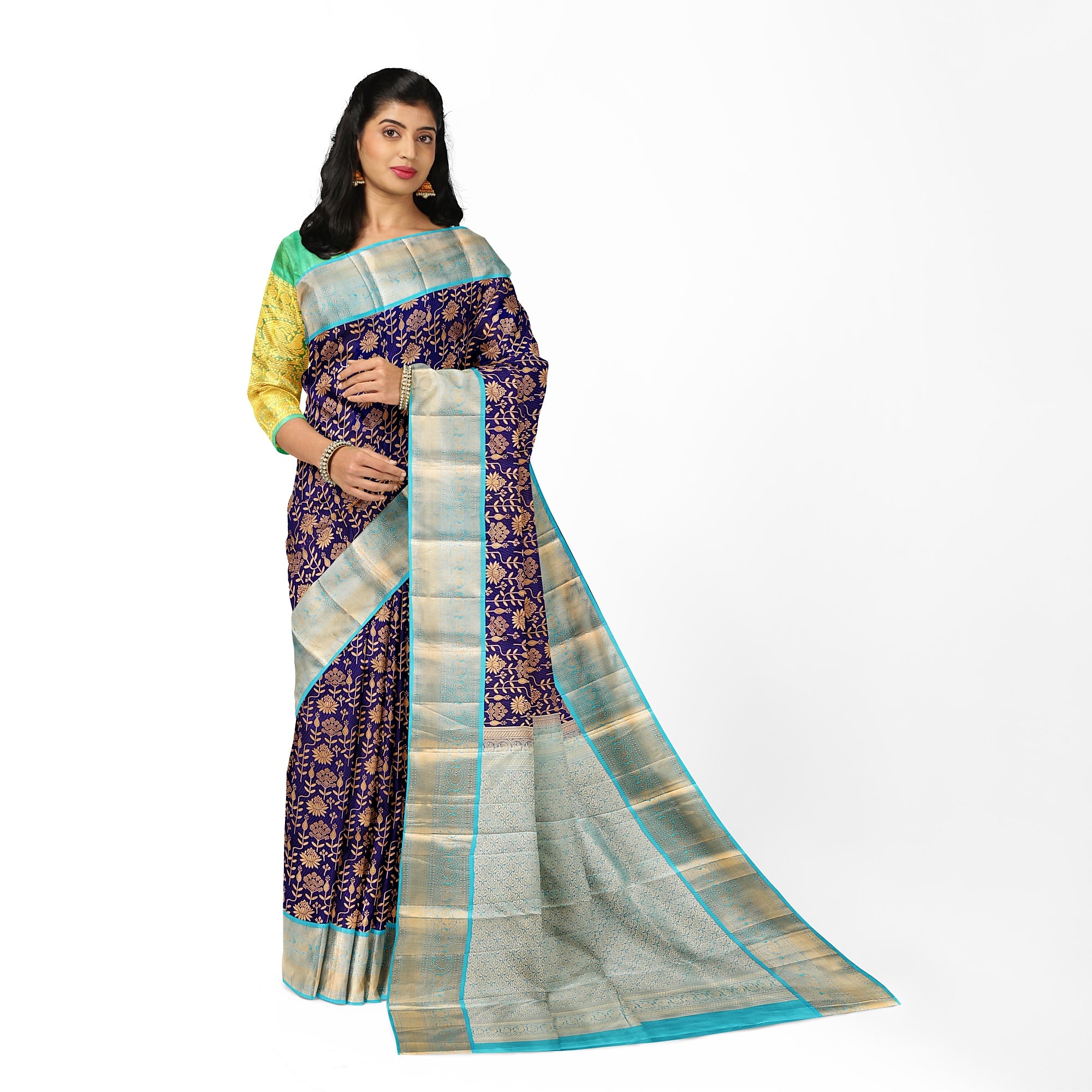 Navy Blue Kanjivaram Silk Saree with Sky Blue Zari Border – Pure Handloom Bridal Saree Online - New Sudarshan Silks`