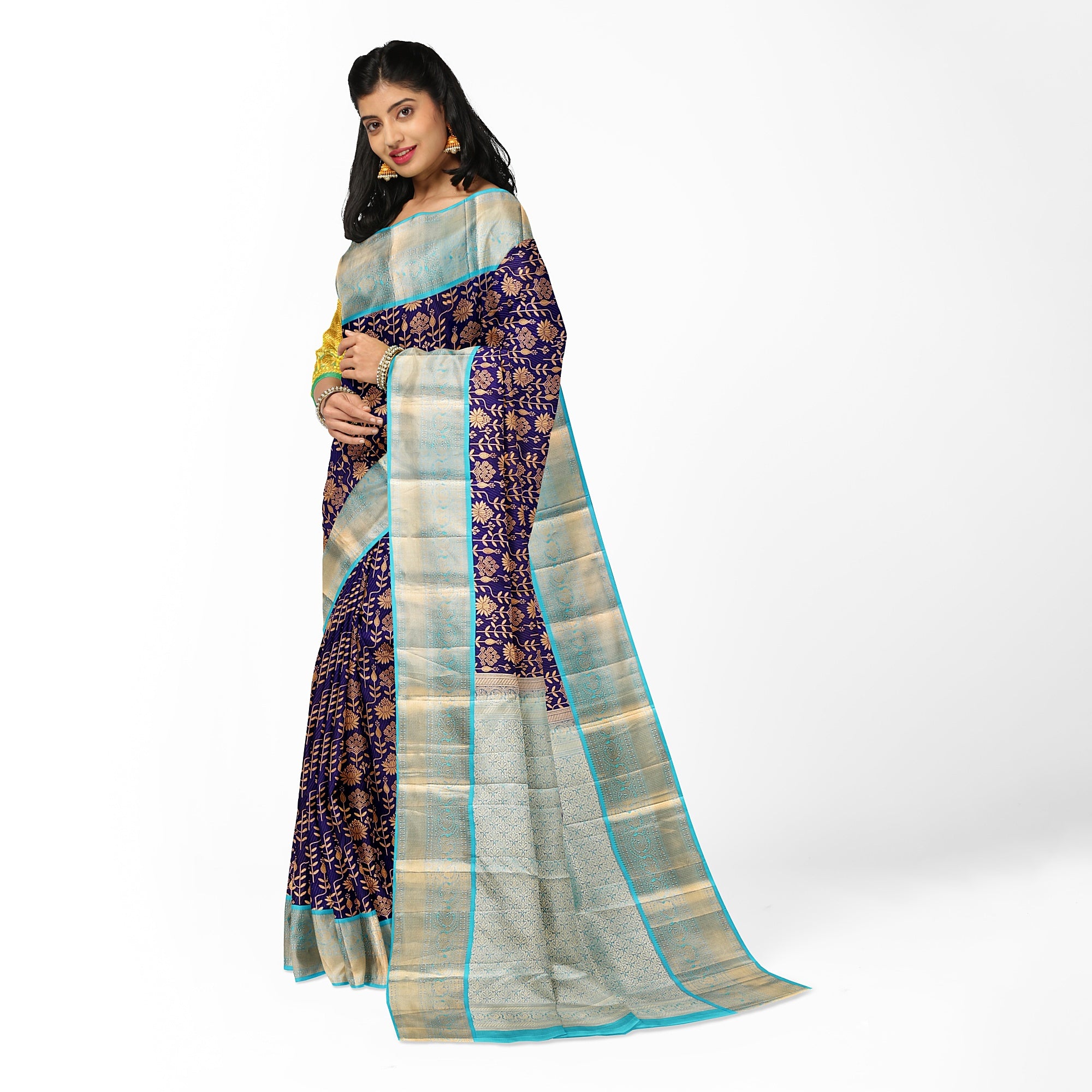 Navy Blue Kanjivaram Silk Saree with Sky Blue Zari Border – Pure Handloom Bridal Saree Online - New Sudarshan Silks`