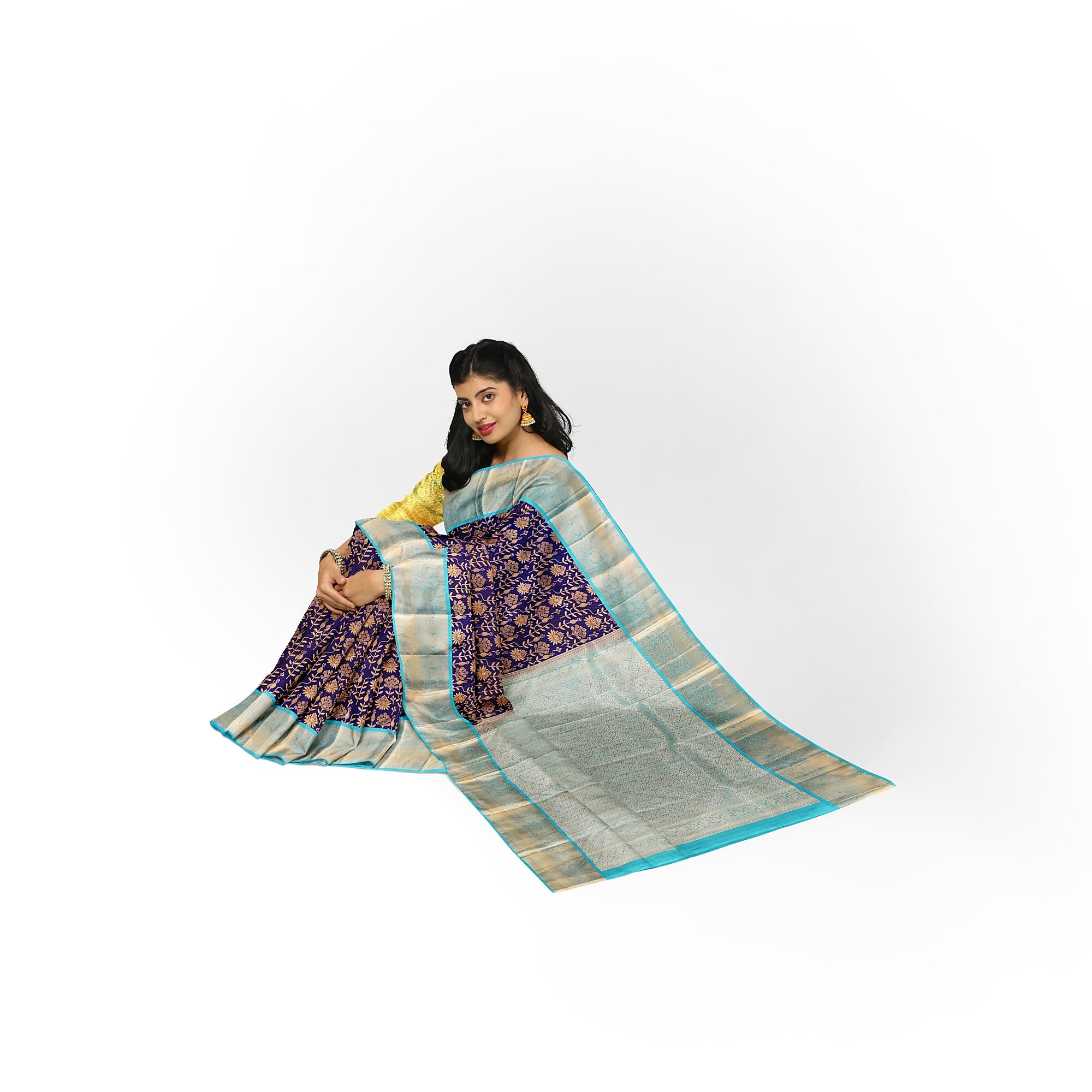Navy Blue Kanjivaram Silk Saree with Sky Blue Zari Border – Pure Handloom Bridal Saree Online - New Sudarshan Silks`
