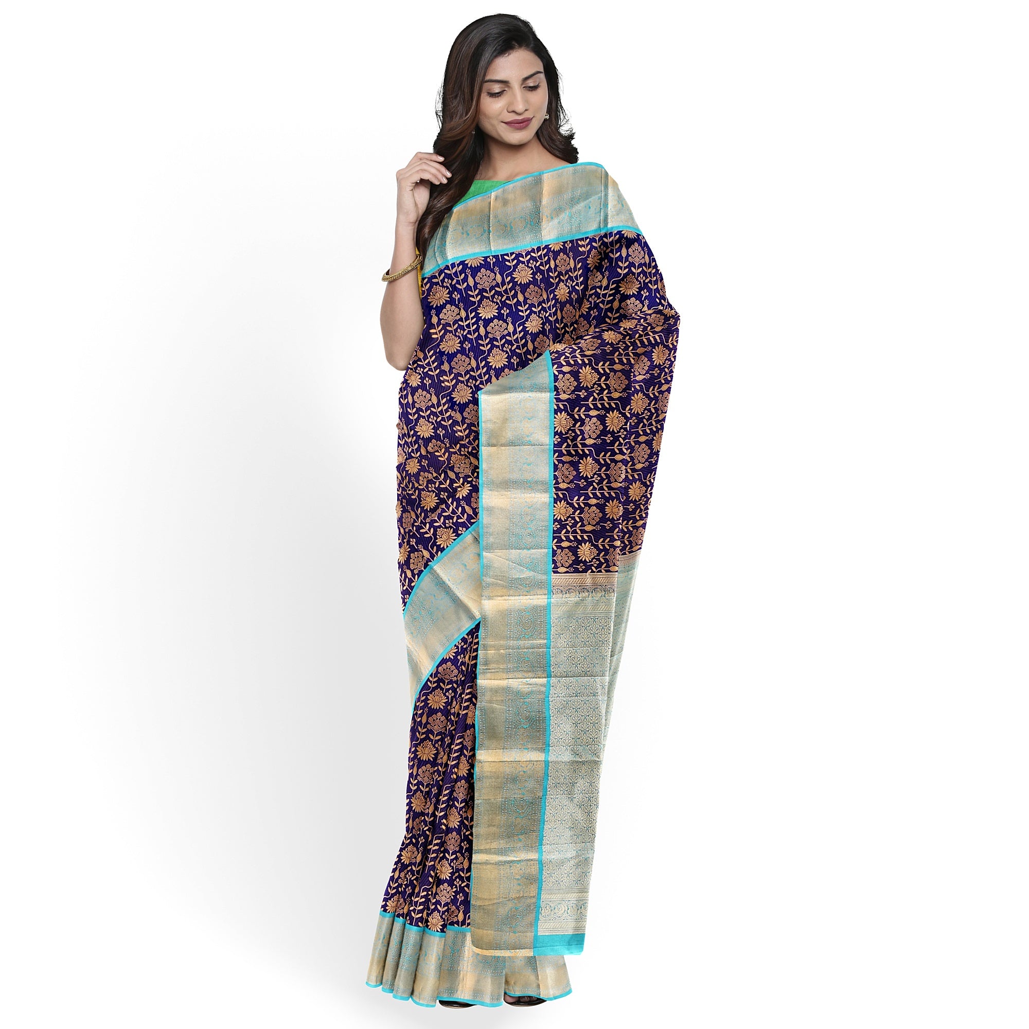 Navy Blue Kanjivaram Silk Saree with Sky Blue Zari Border – Pure Handloom Bridal Saree Online - New Sudarshan Silks`