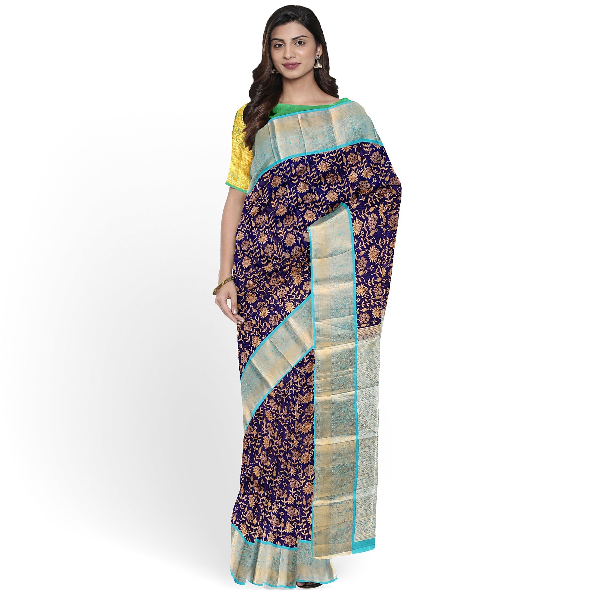 Navy Blue Kanjivaram Silk Saree with Sky Blue Zari Border – Pure Handloom Bridal Saree Online - New Sudarshan Silks`