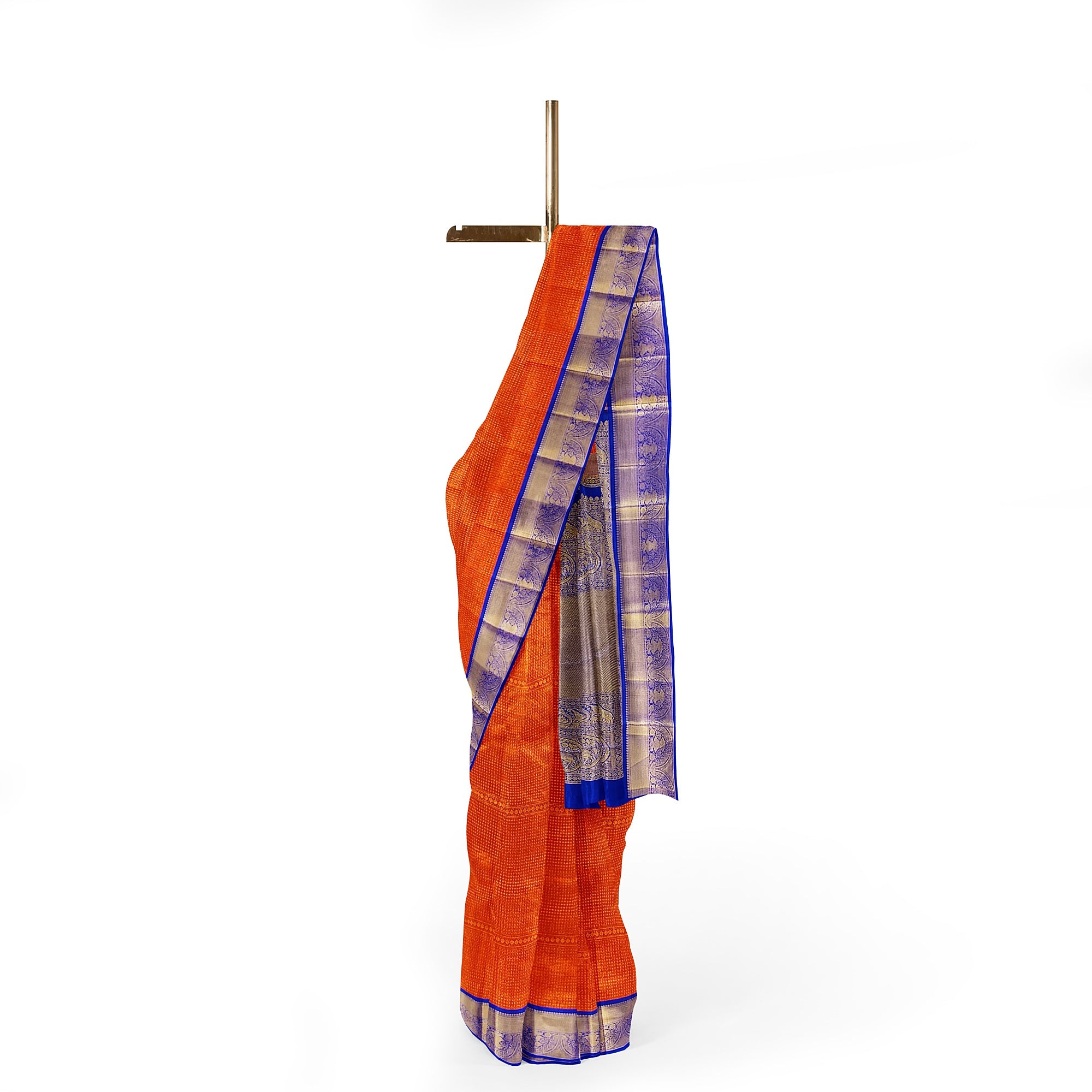 Orange Brocade Kanjivaram Silk Saree with Blue Zari Border – Pure Handloom Bridal Saree Online - New Sudarshan Silks`