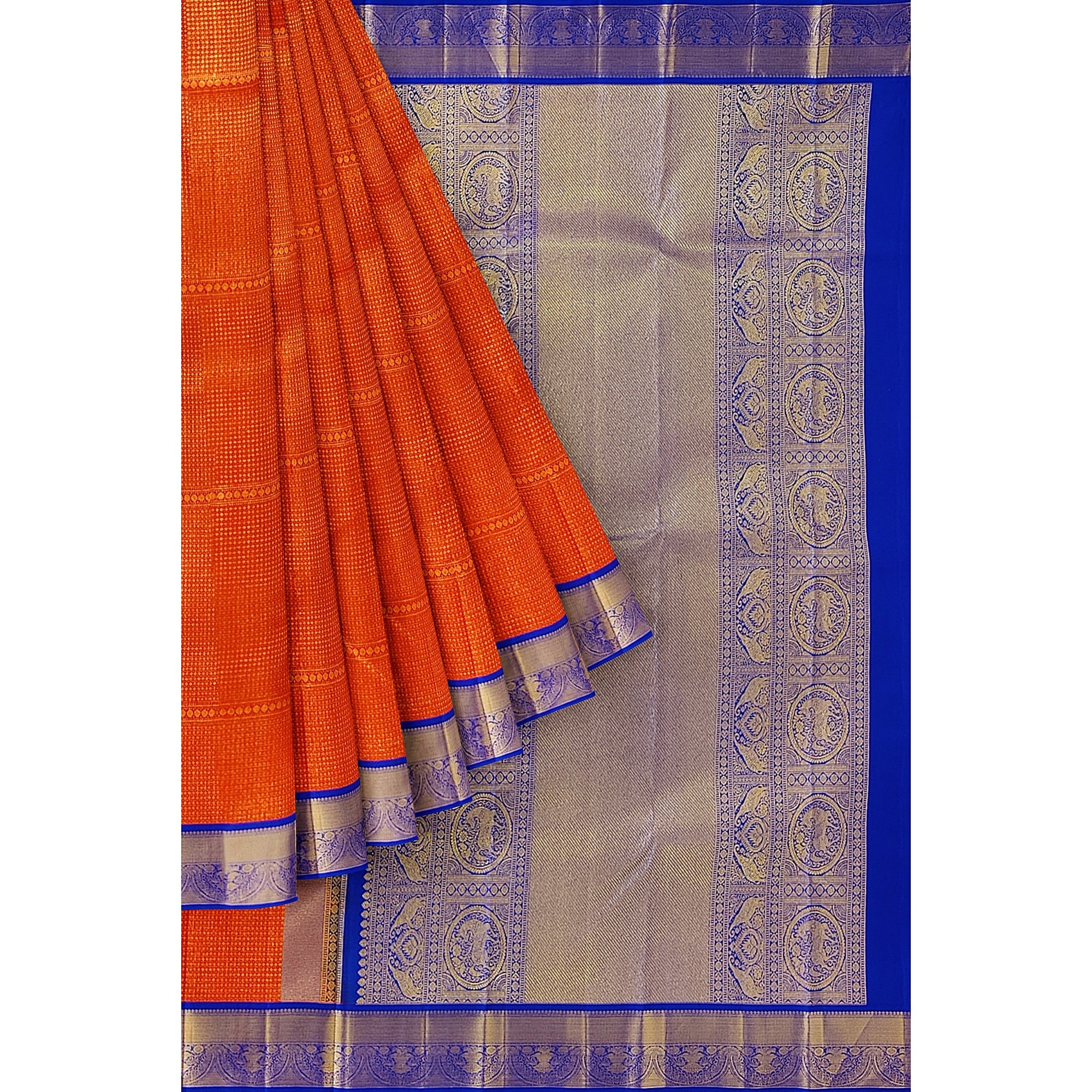 Orange Brocade Kanjivaram Silk Saree with Blue Zari Border – Pure Handloom Bridal Saree Online - New Sudarshan Silks`