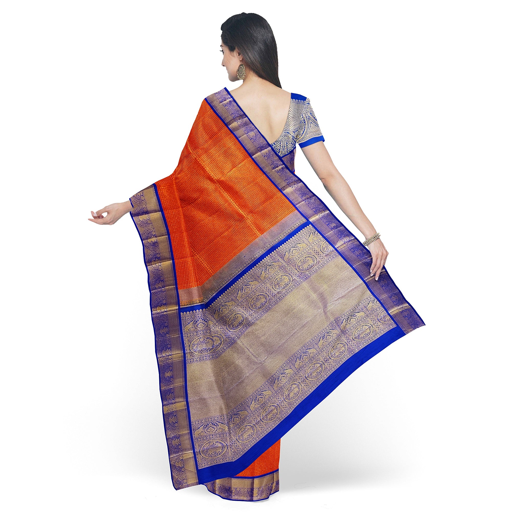 Orange Brocade Kanjivaram Silk Saree with Blue Zari Border – Pure Handloom Bridal Saree Online - New Sudarshan Silks`