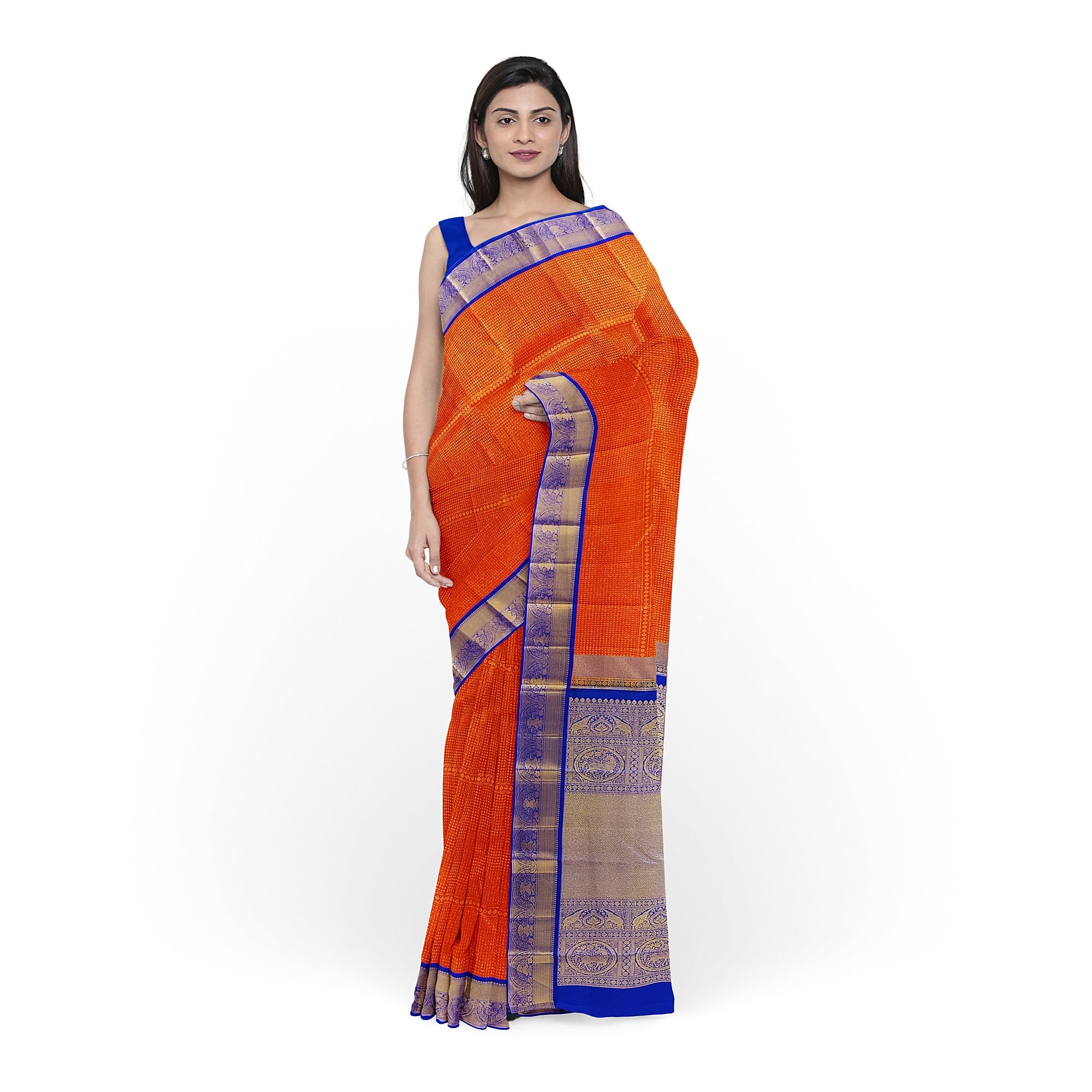 Orange Brocade Kanjivaram Silk Saree with Blue Zari Border – Pure Handloom Bridal Saree Online - New Sudarshan Silks`