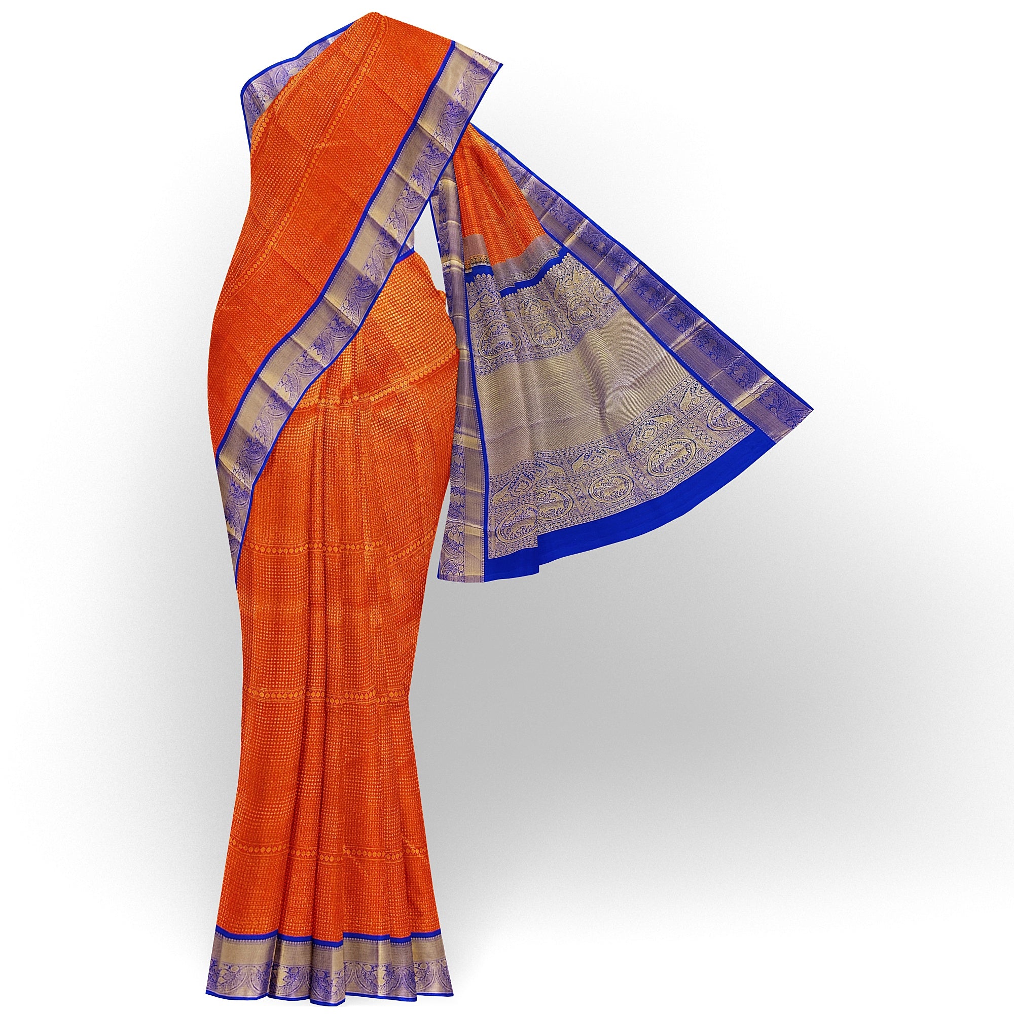 Orange Brocade Kanjivaram Silk Saree with Blue Zari Border – Pure Handloom Bridal Saree Online - New Sudarshan Silks`