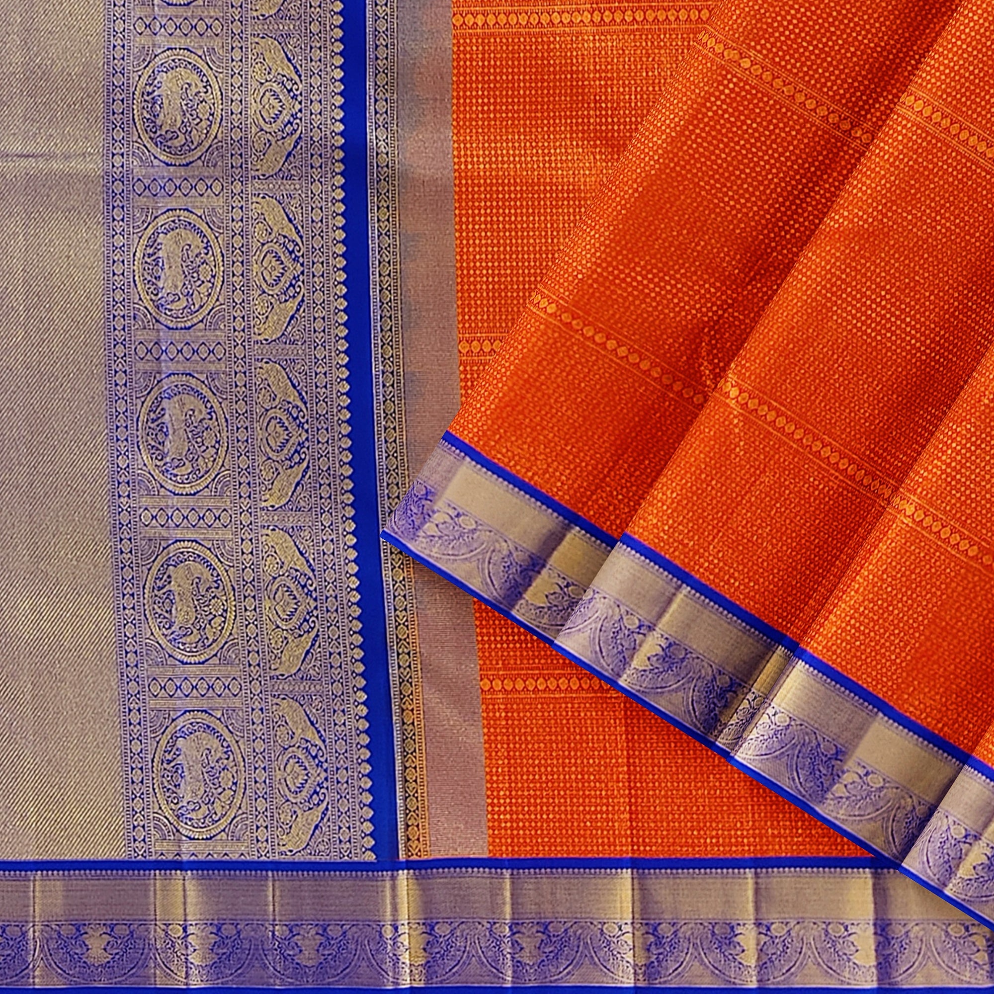 Orange Brocade Kanjivaram Silk Saree with Blue Zari Border – Pure Handloom Bridal Saree Online - New Sudarshan Silks`