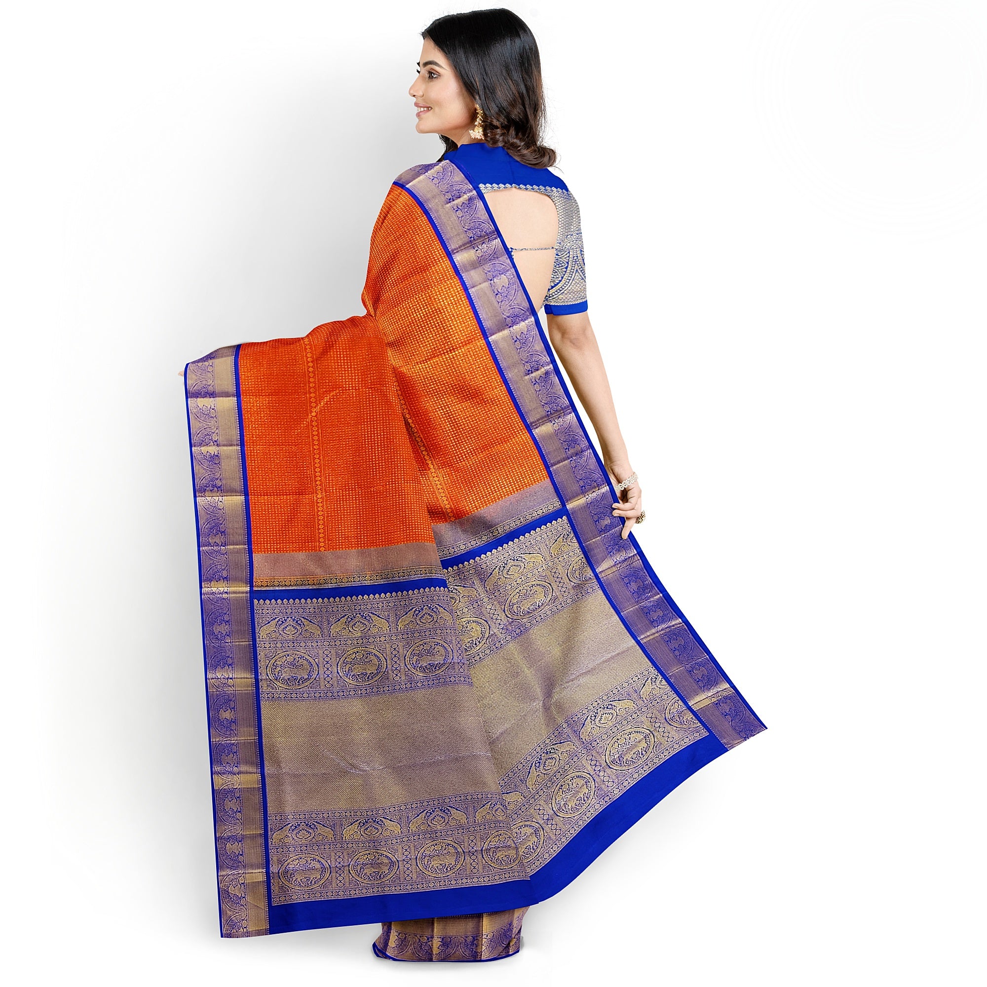 Orange Brocade Kanjivaram Silk Saree with Blue Zari Border – Pure Handloom Bridal Saree Online - New Sudarshan Silks`