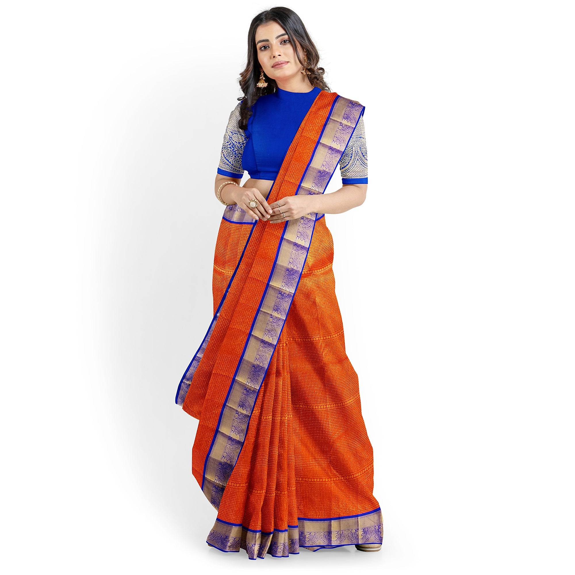 Orange Brocade Kanjivaram Silk Saree with Blue Zari Border – Pure Handloom Bridal Saree Online - New Sudarshan Silks`