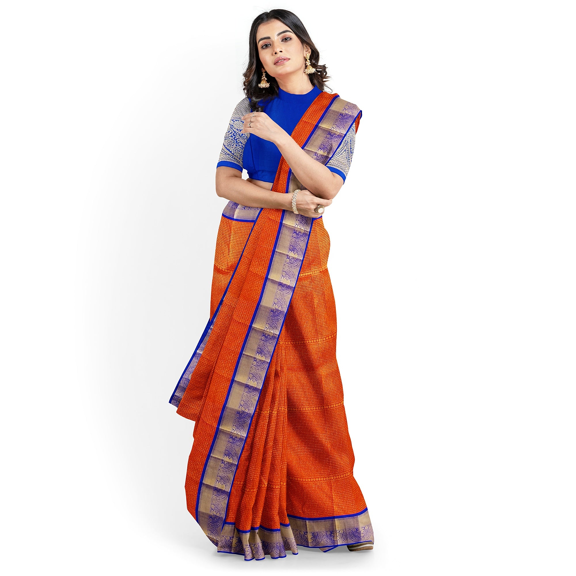 Orange Brocade Kanjivaram Silk Saree with Blue Zari Border – Pure Handloom Bridal Saree Online - New Sudarshan Silks`