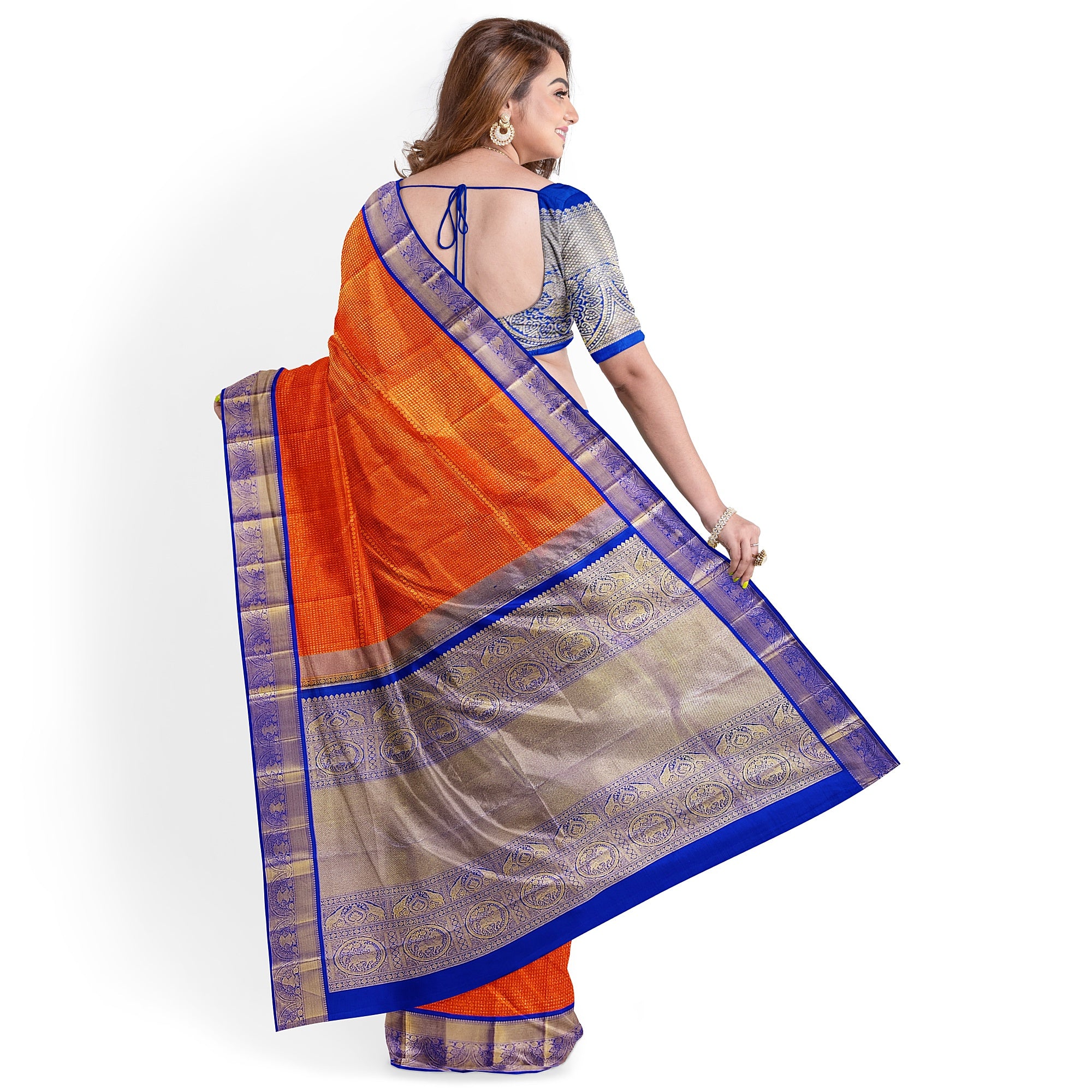 Orange Brocade Kanjivaram Silk Saree with Blue Zari Border – Pure Handloom Bridal Saree Online - New Sudarshan Silks`