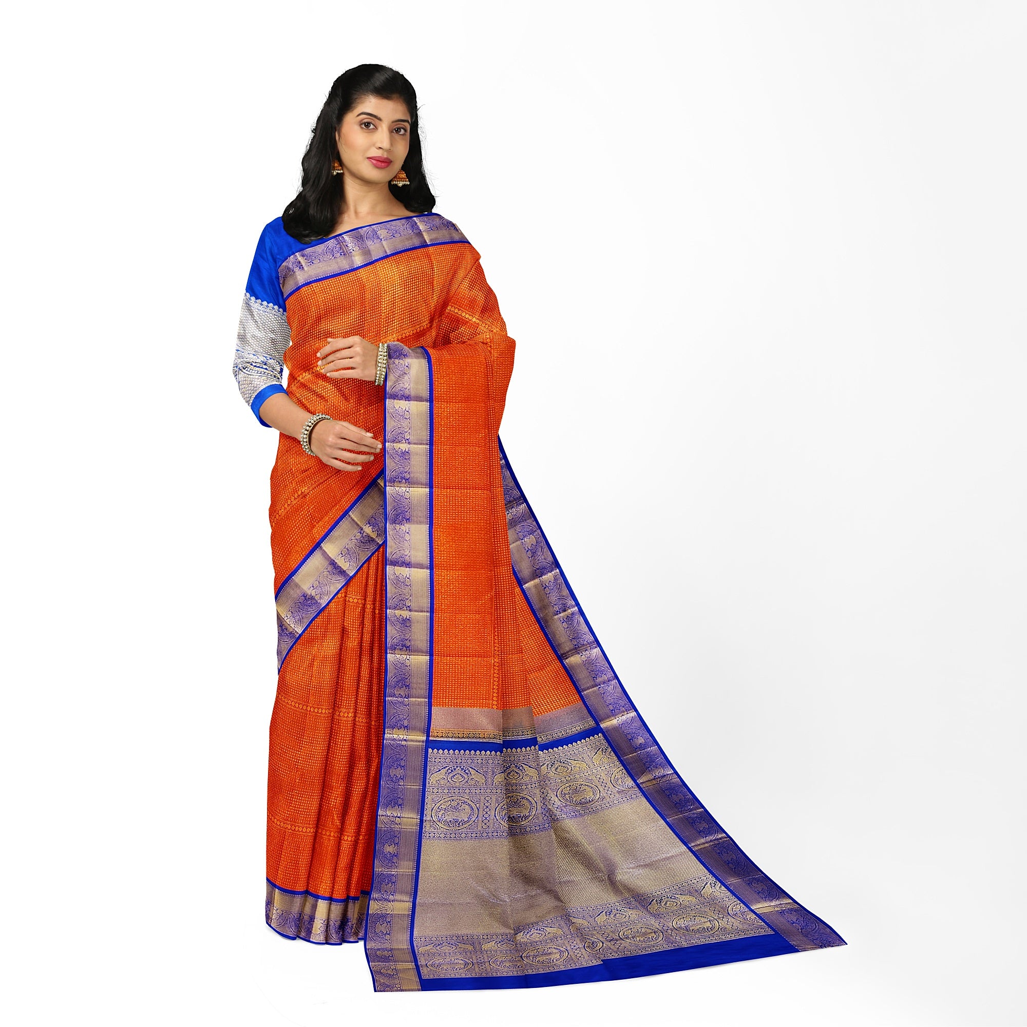 Orange Brocade Kanjivaram Silk Saree with Blue Zari Border – Pure Handloom Bridal Saree Online - New Sudarshan Silks`
