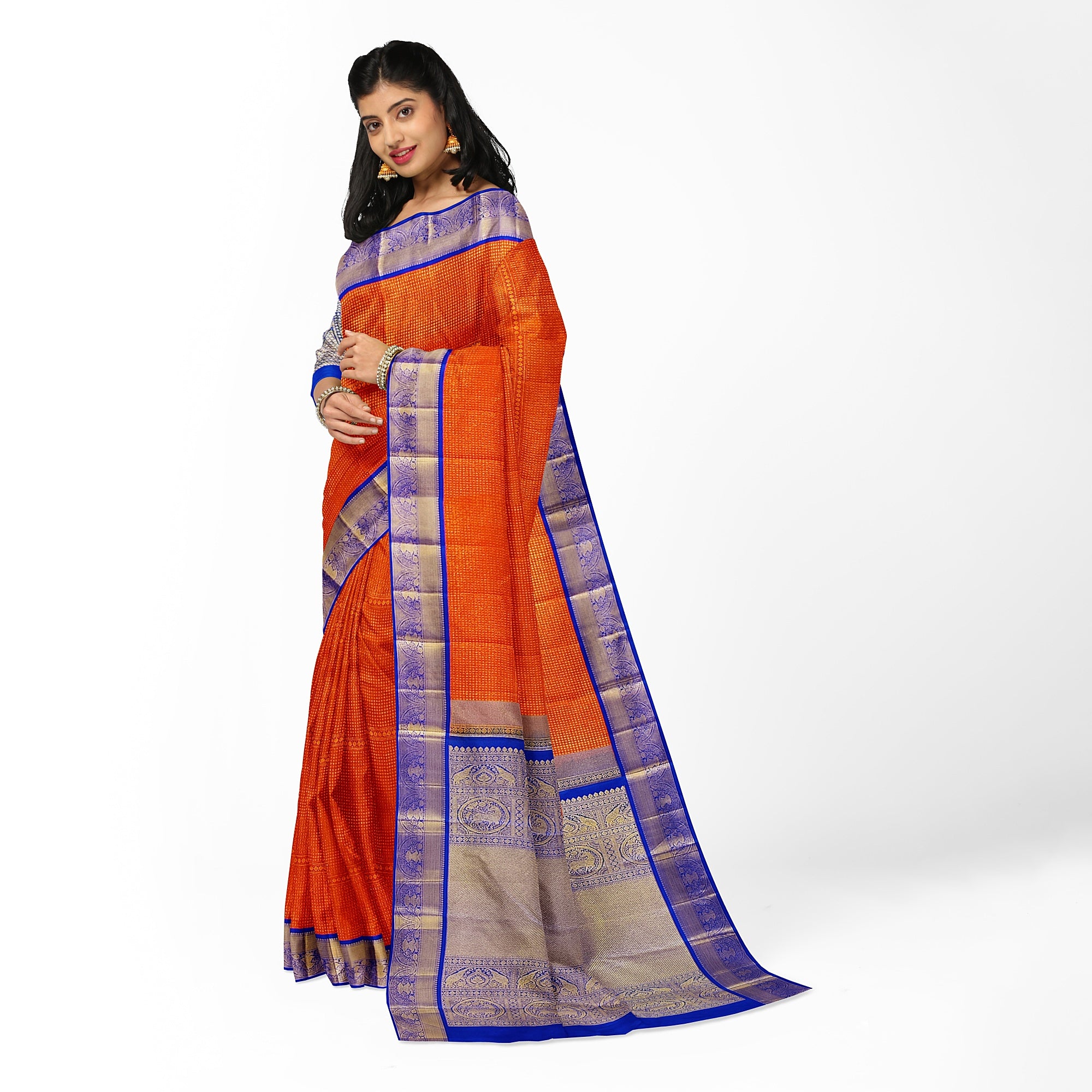 Orange Brocade Kanjivaram Silk Saree with Blue Zari Border – Pure Handloom Bridal Saree Online - New Sudarshan Silks`