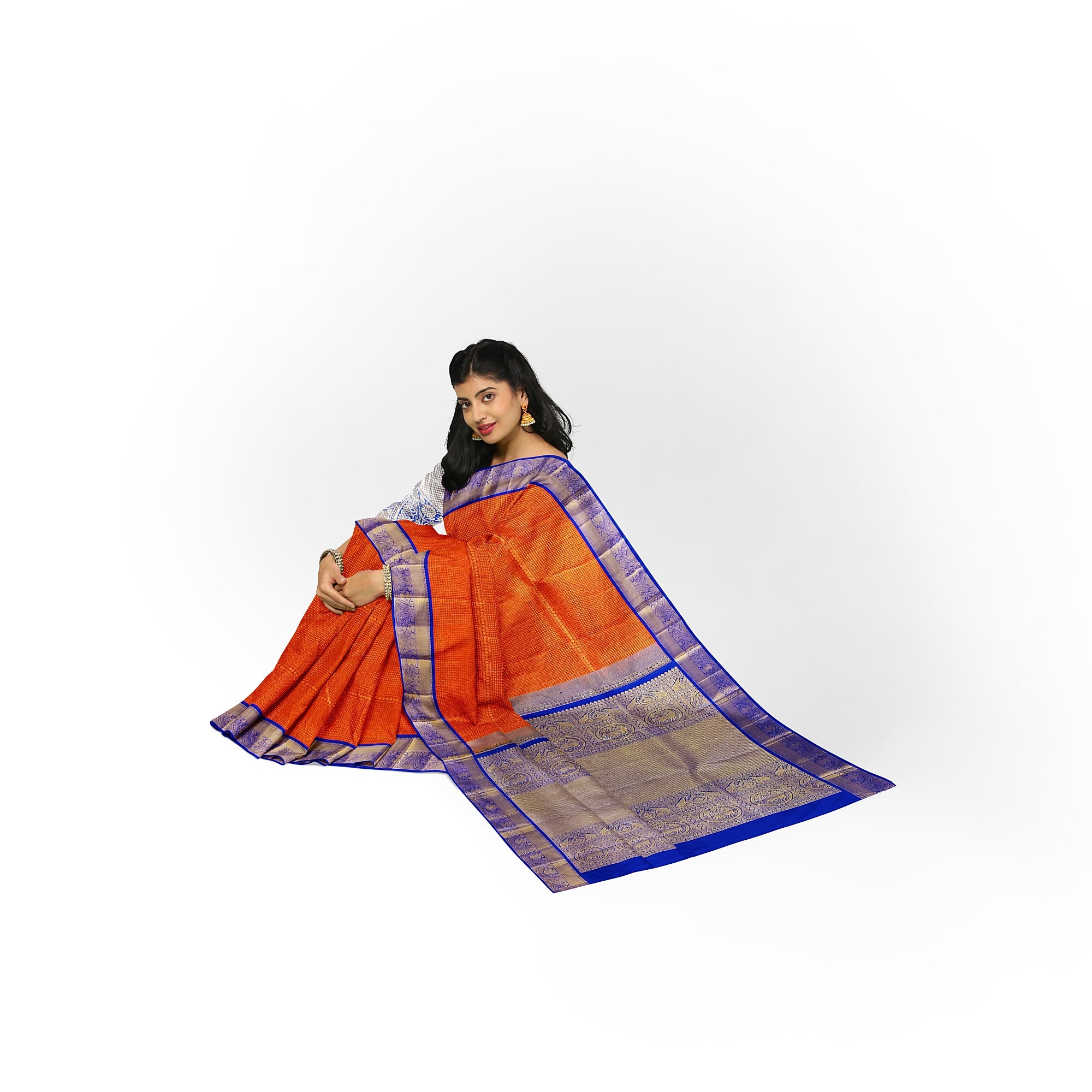 Orange Brocade Kanjivaram Silk Saree with Blue Zari Border – Pure Handloom Bridal Saree Online - New Sudarshan Silks`