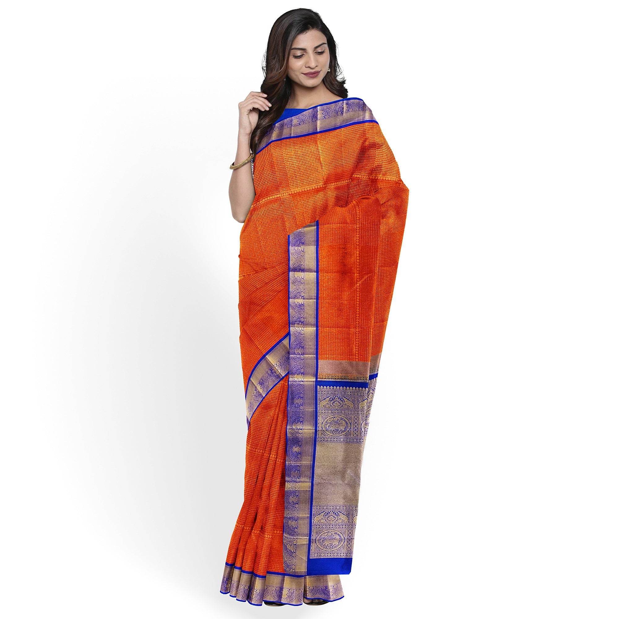 Orange Brocade Kanjivaram Silk Saree with Blue Zari Border – Pure Handloom Bridal Saree Online - New Sudarshan Silks`