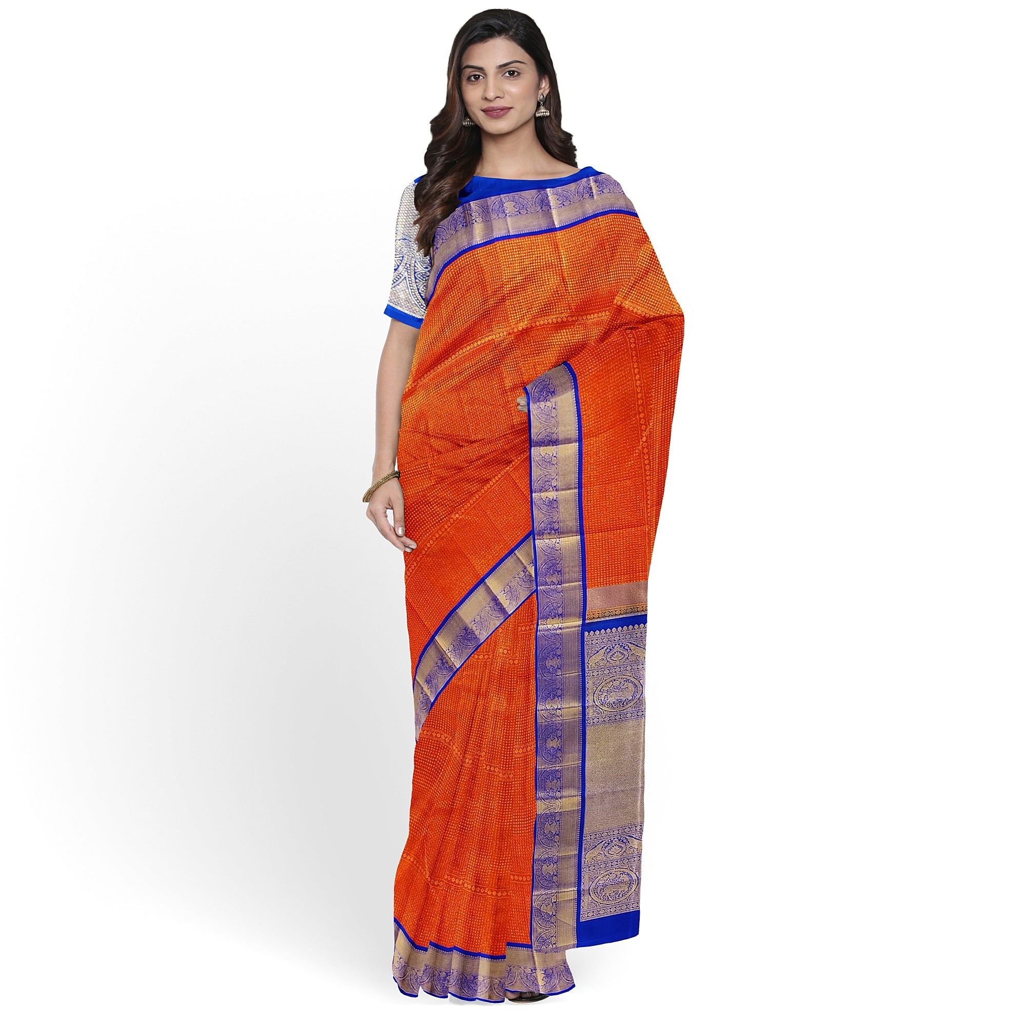 Orange Brocade Kanjivaram Silk Saree with Blue Zari Border – Pure Handloom Bridal Saree Online - New Sudarshan Silks`