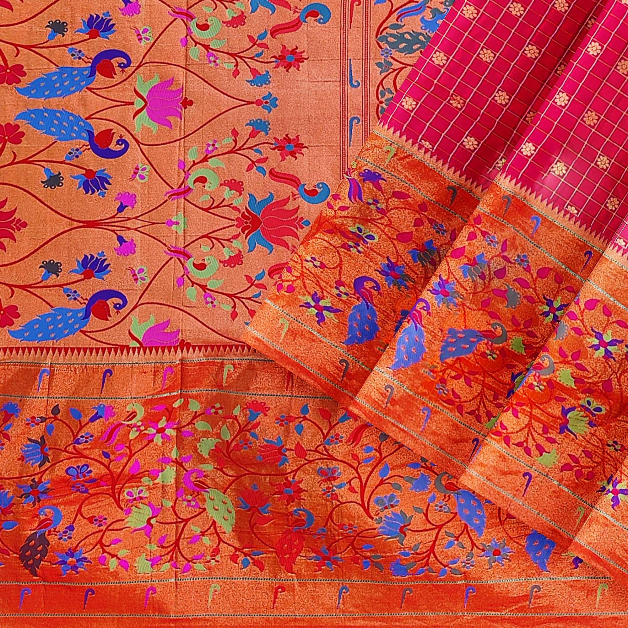 Dark Pink Pure Paithani Silk Saree with Traditional Paithani Border – Regal Handloom Saree Online - New Sudarshan Silks`