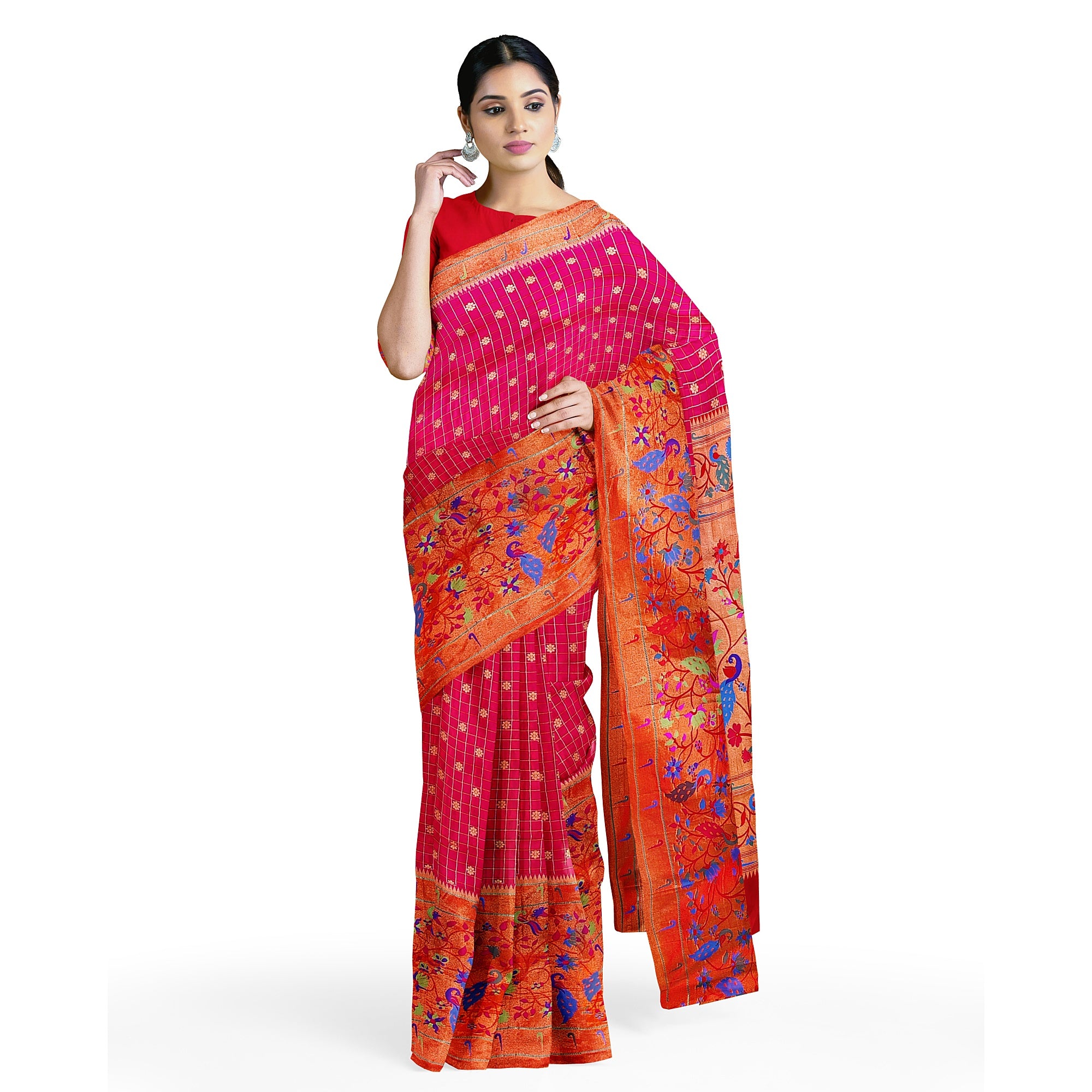 Dark Pink Pure Paithani Silk Saree with Traditional Paithani Border – Regal Handloom Saree Online - New Sudarshan Silks`