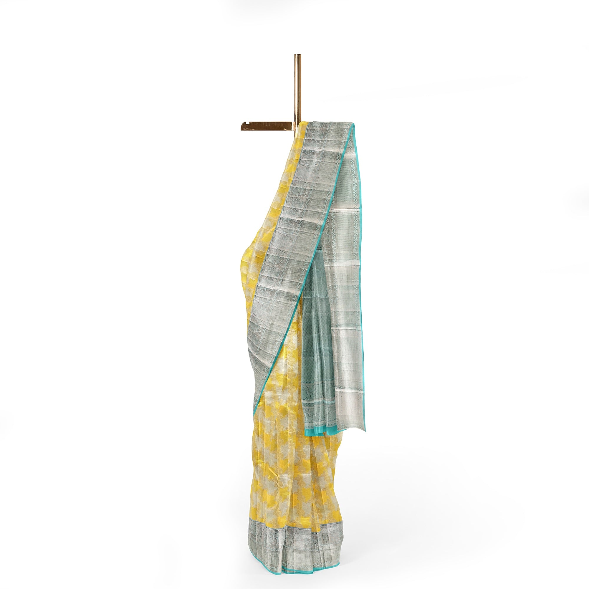 Lemon Yellow Kanjivaram Silk Saree with Blue Shade Zari Border – Pure Handloom Bridal Saree Online - New Sudarshan Silks`