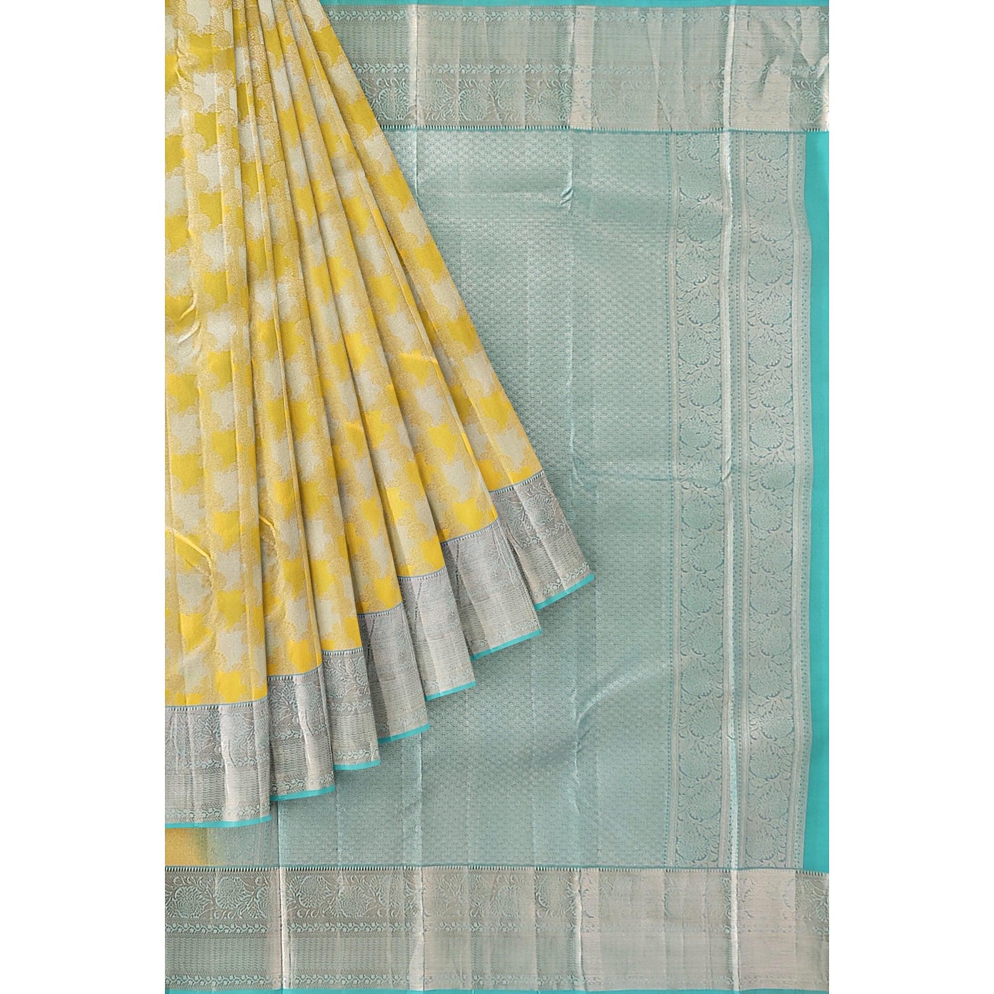 Lemon Yellow Kanjivaram Silk Saree with Blue Shade Zari Border – Pure Handloom Bridal Saree Online - New Sudarshan Silks`