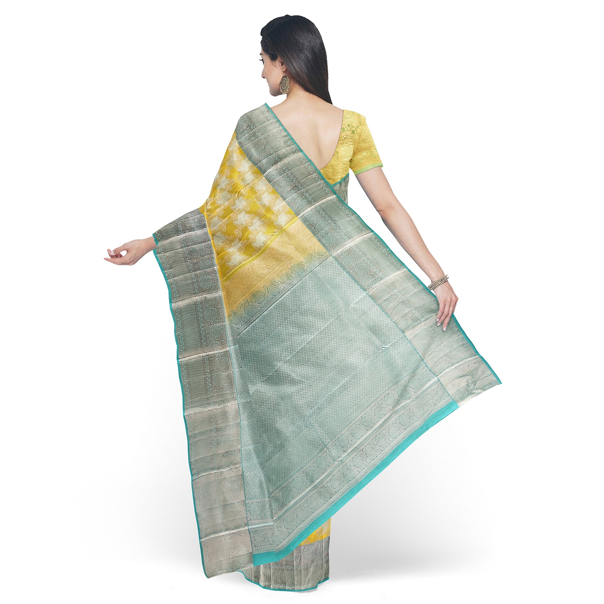Lemon Yellow Kanjivaram Silk Saree with Blue Shade Zari Border – Pure Handloom Bridal Saree Online - New Sudarshan Silks`