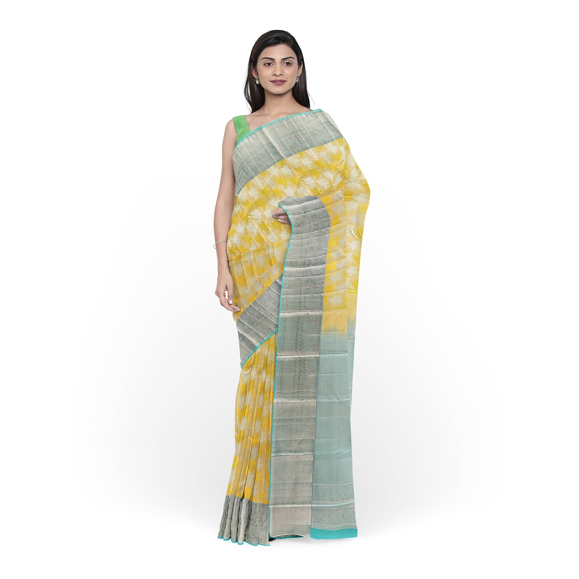 Lemon Yellow Kanjivaram Silk Saree with Blue Shade Zari Border – Pure Handloom Bridal Saree Online - New Sudarshan Silks`