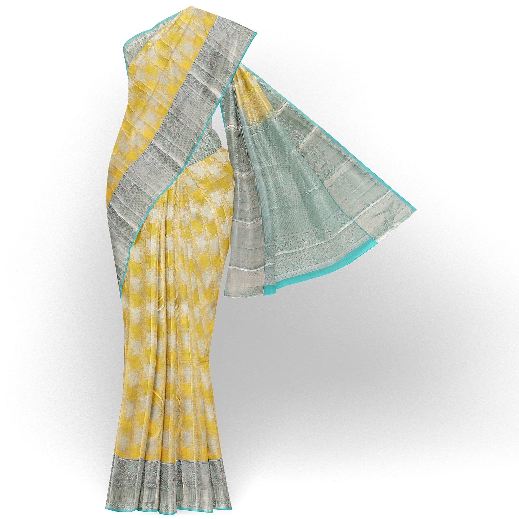 Lemon Yellow Kanjivaram Silk Saree with Blue Shade Zari Border – Pure Handloom Bridal Saree Online - New Sudarshan Silks`