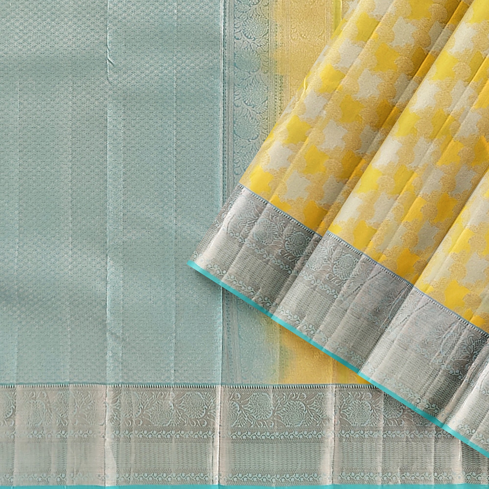 Lemon Yellow Kanjivaram Silk Saree with Blue Shade Zari Border – Pure Handloom Bridal Saree Online - New Sudarshan Silks`