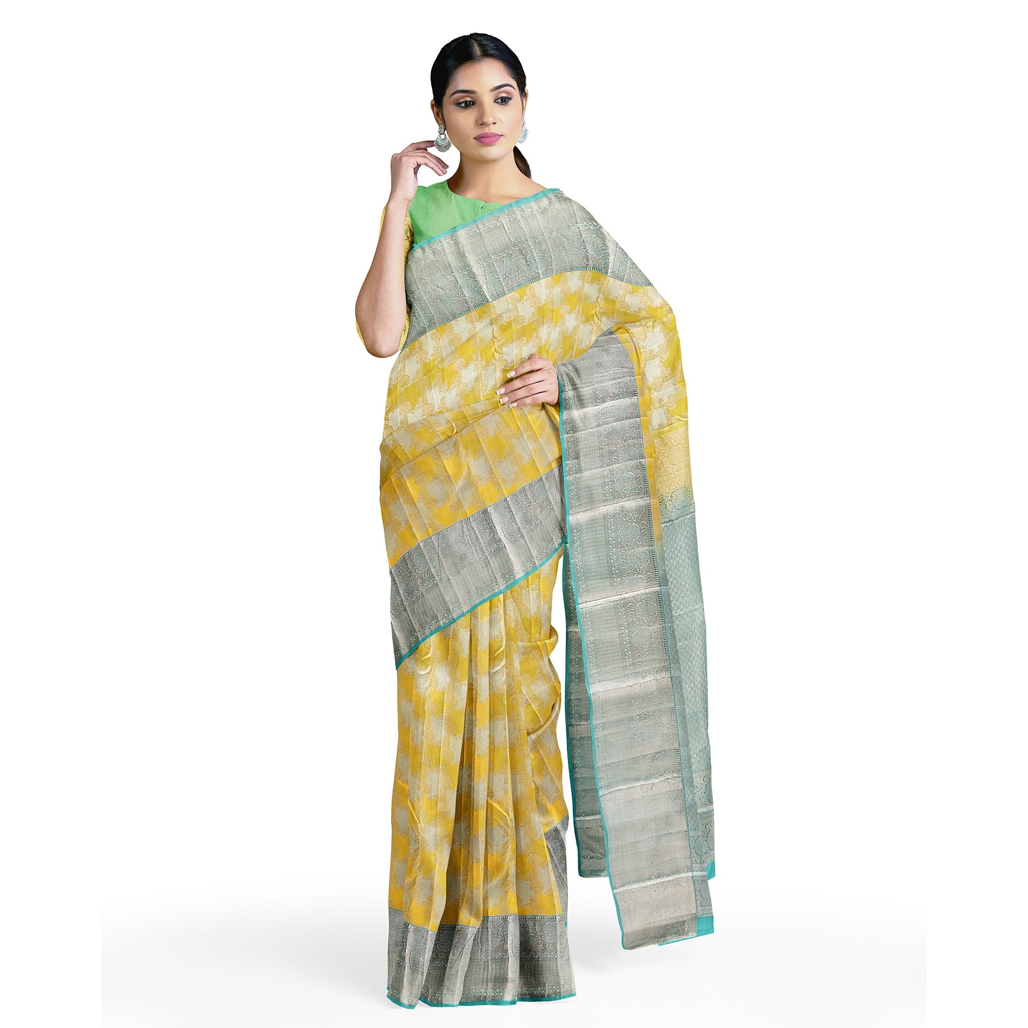 Lemon Yellow Kanjivaram Silk Saree with Blue Shade Zari Border – Pure Handloom Bridal Saree Online - New Sudarshan Silks`