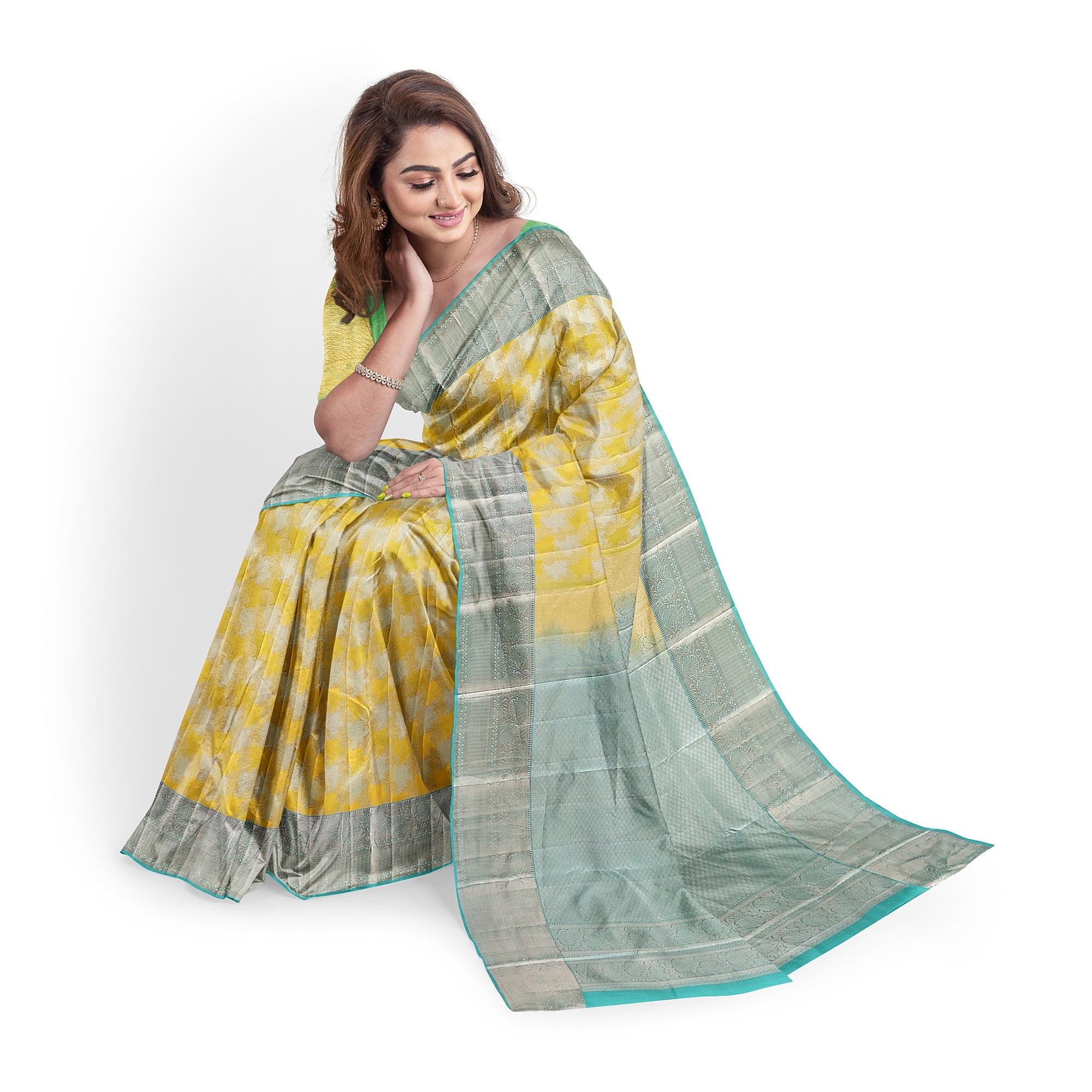 Lemon Yellow Kanjivaram Silk Saree with Blue Shade Zari Border – Pure Handloom Bridal Saree Online - New Sudarshan Silks`