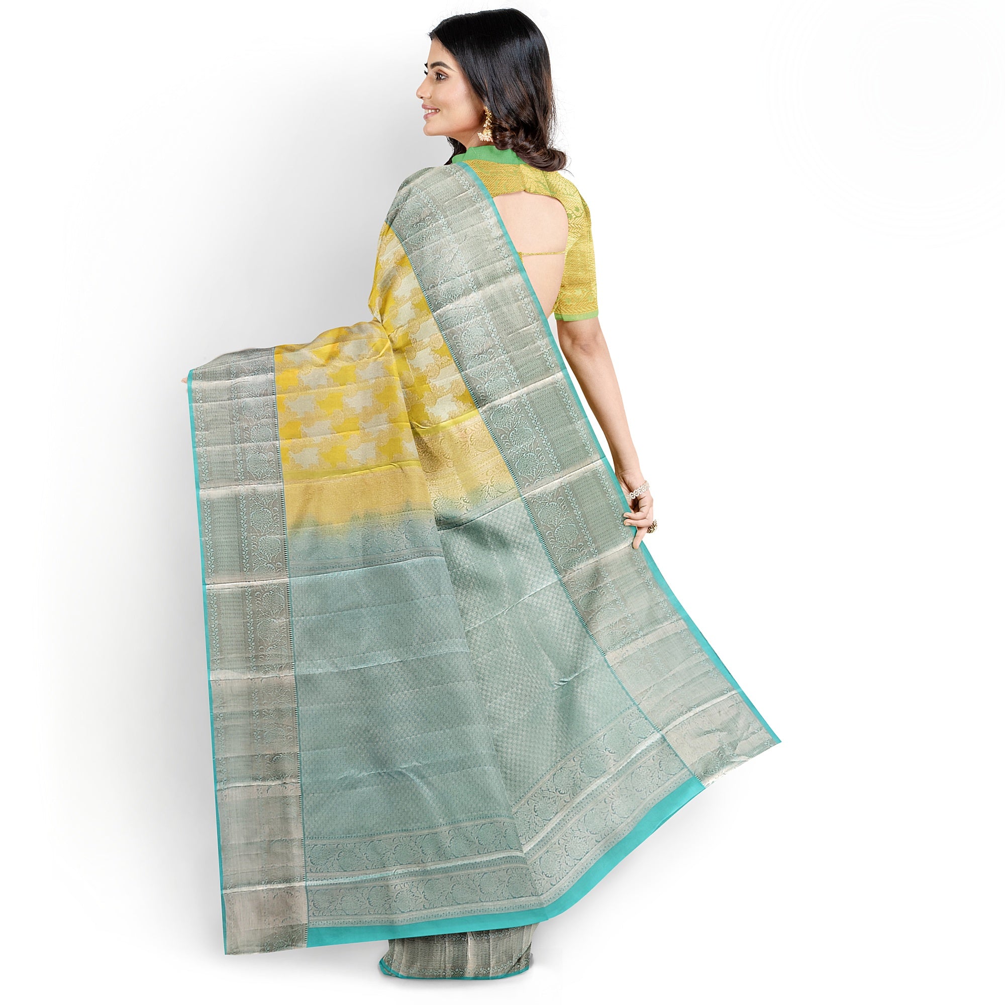 Lemon Yellow Kanjivaram Silk Saree with Blue Shade Zari Border – Pure Handloom Bridal Saree Online - New Sudarshan Silks`