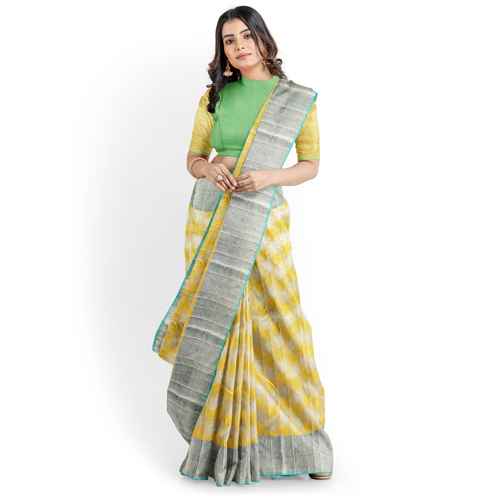 Lemon Yellow Kanjivaram Silk Saree with Blue Shade Zari Border – Pure Handloom Bridal Saree Online - New Sudarshan Silks`
