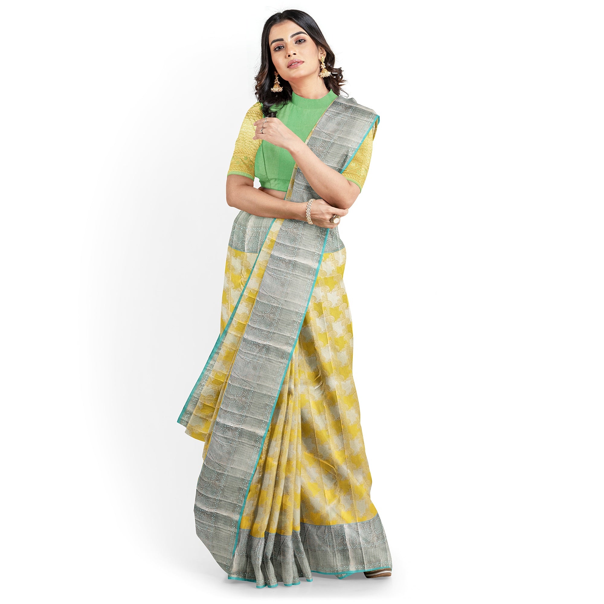 Lemon Yellow Kanjivaram Silk Saree with Blue Shade Zari Border – Pure Handloom Bridal Saree Online - New Sudarshan Silks`
