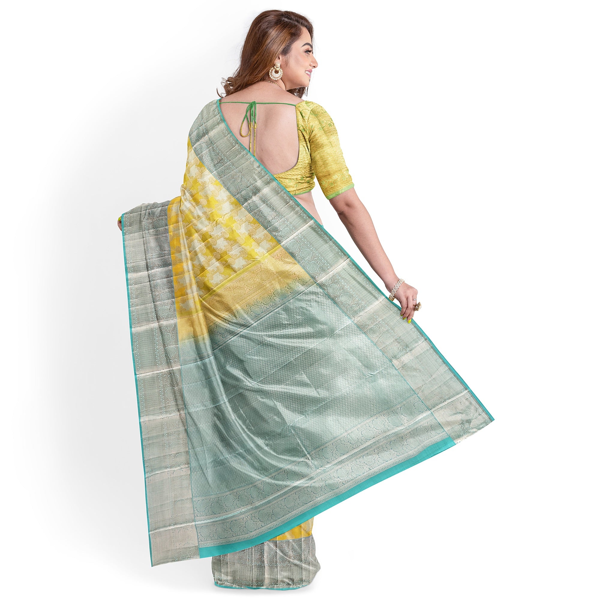 Lemon Yellow Kanjivaram Silk Saree with Blue Shade Zari Border – Pure Handloom Bridal Saree Online - New Sudarshan Silks`
