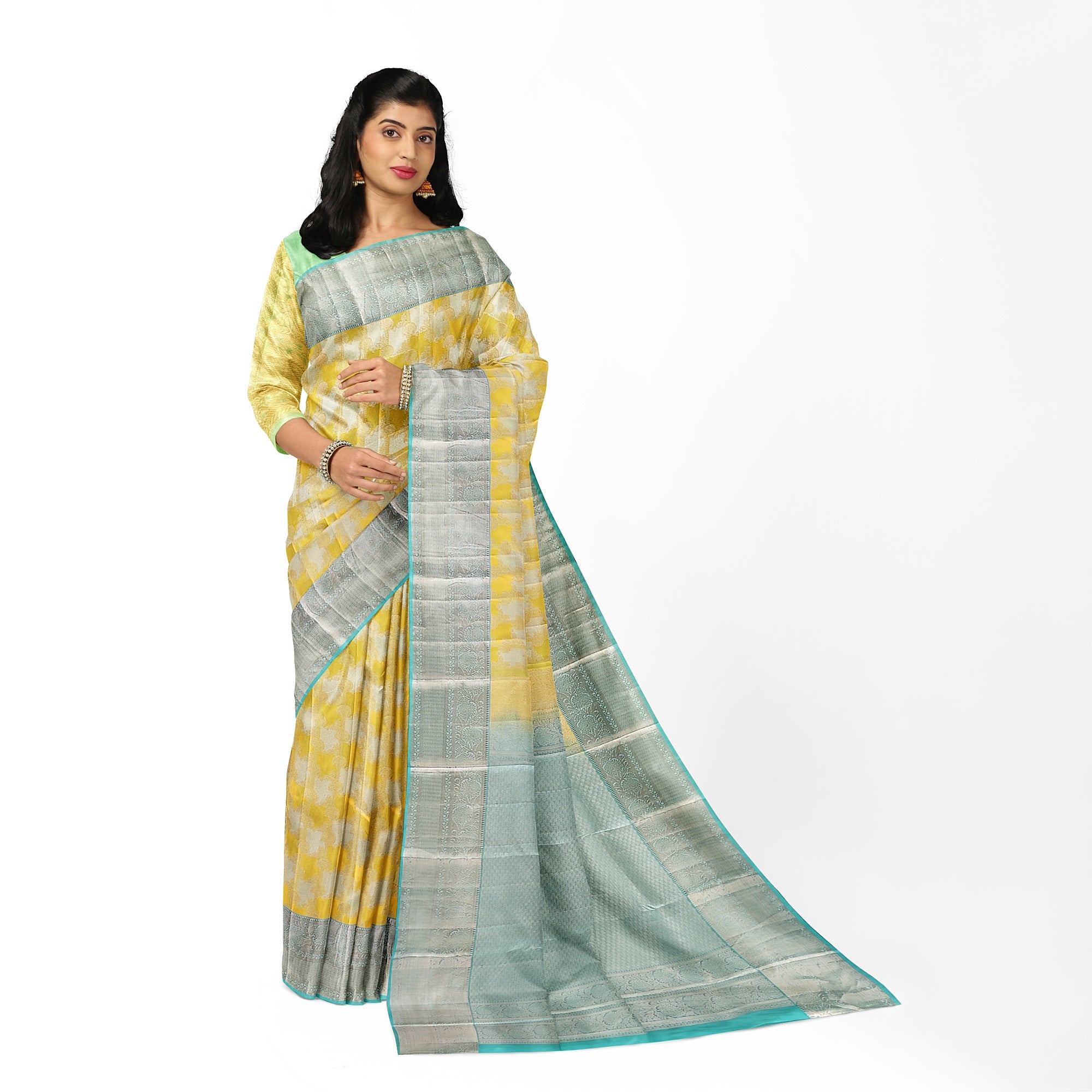 Lemon Yellow Kanjivaram Silk Saree with Blue Shade Zari Border – Pure Handloom Bridal Saree Online - New Sudarshan Silks`