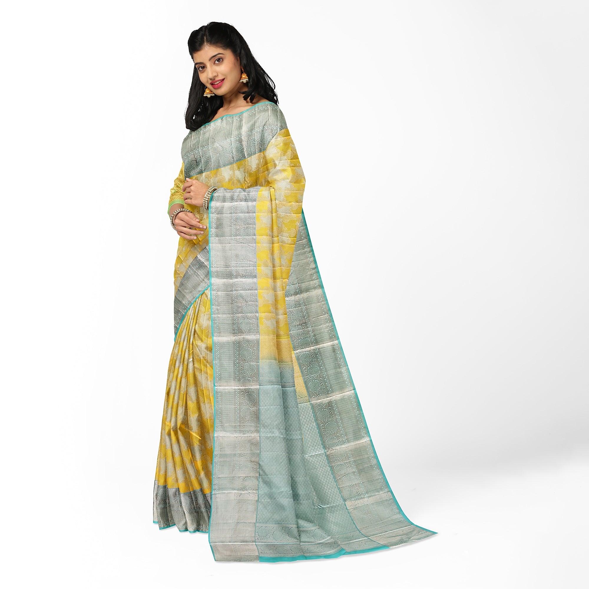 Lemon Yellow Kanjivaram Silk Saree with Blue Shade Zari Border – Pure Handloom Bridal Saree Online - New Sudarshan Silks`
