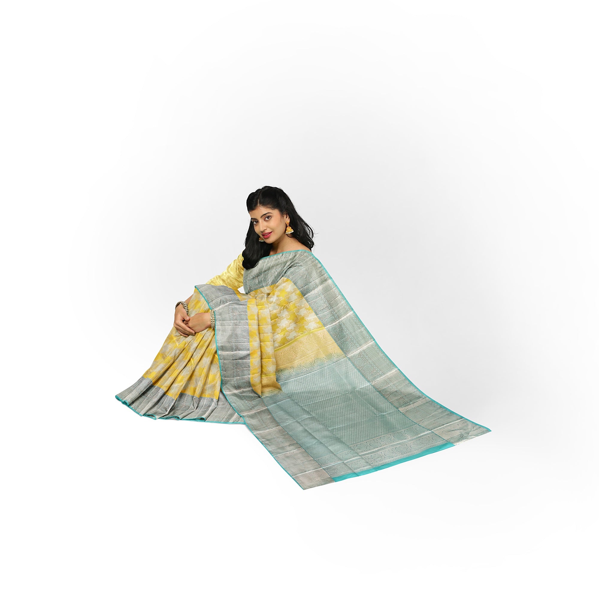 Lemon Yellow Kanjivaram Silk Saree with Blue Shade Zari Border – Pure Handloom Bridal Saree Online - New Sudarshan Silks`