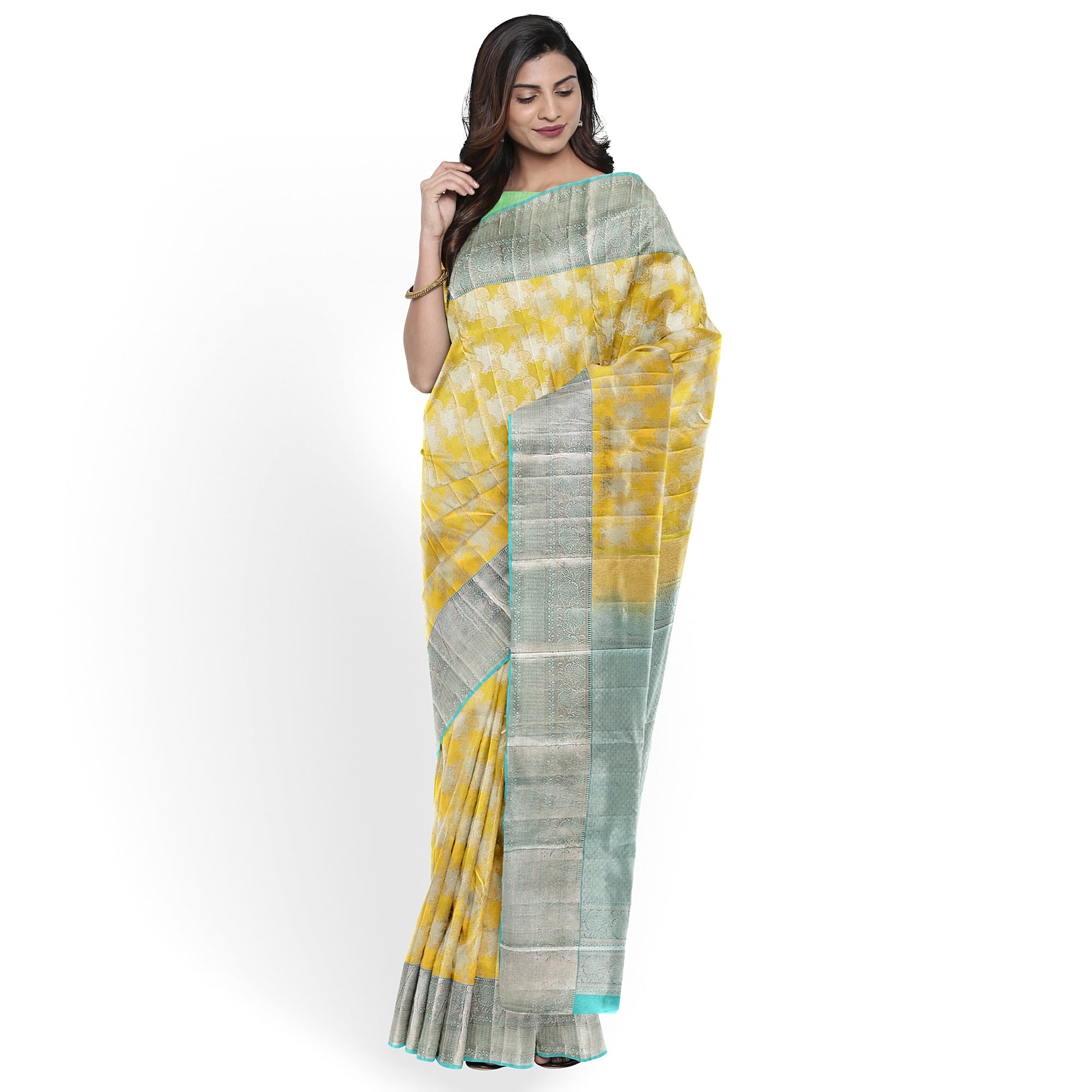 Lemon Yellow Kanjivaram Silk Saree with Blue Shade Zari Border – Pure Handloom Bridal Saree Online - New Sudarshan Silks`