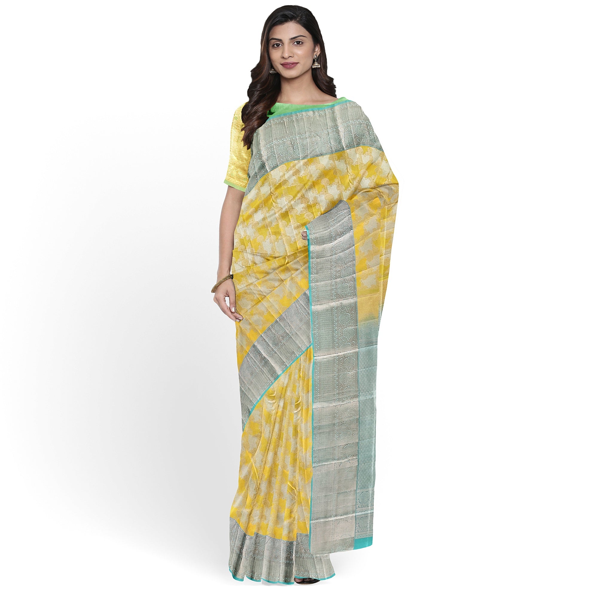 Lemon Yellow Kanjivaram Silk Saree with Blue Shade Zari Border – Pure Handloom Bridal Saree Online - New Sudarshan Silks`