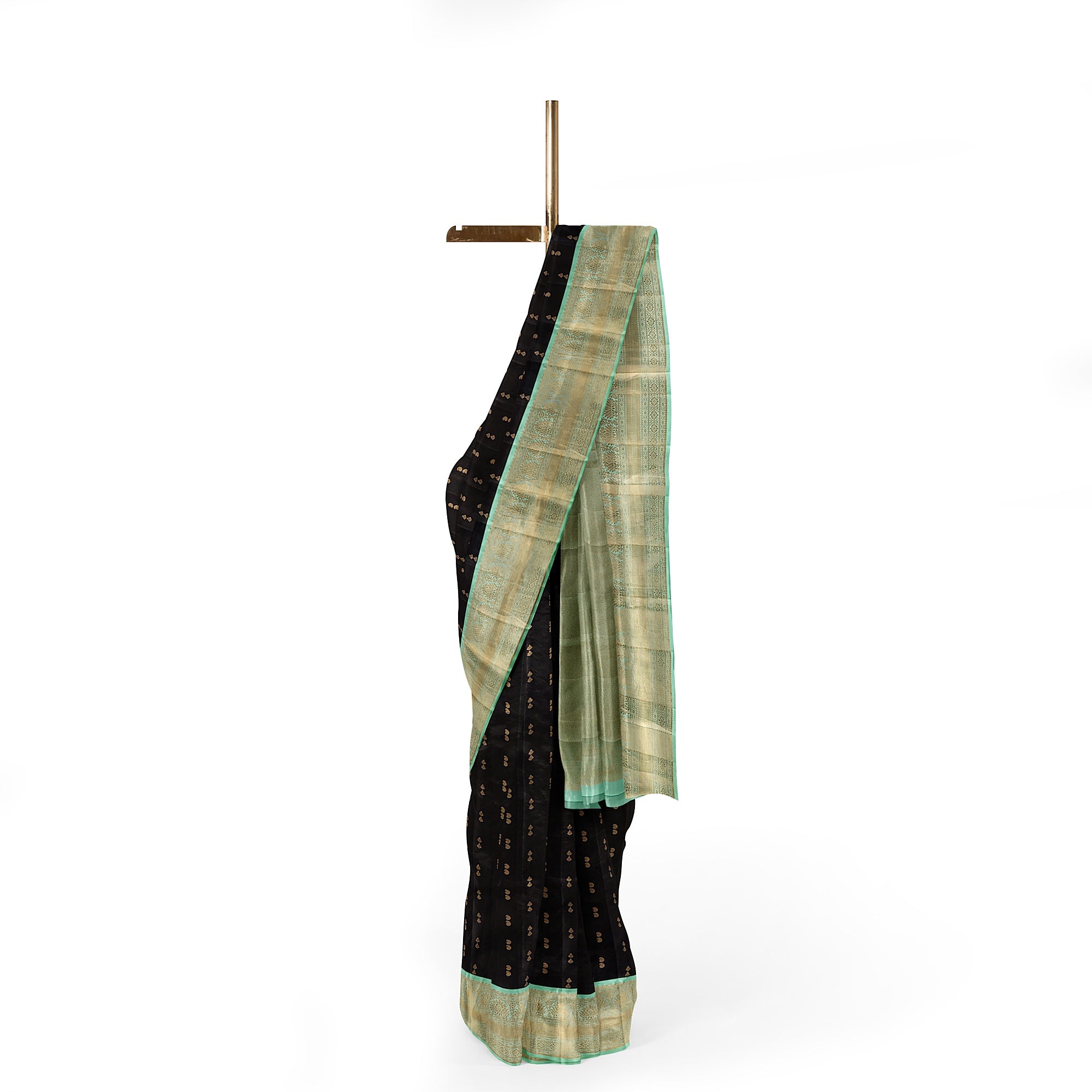 Black Kanjivaram Silk Saree with Pista Green Zari Border – Pure Handloom Bridal Saree Online - New Sudarshan Silks`