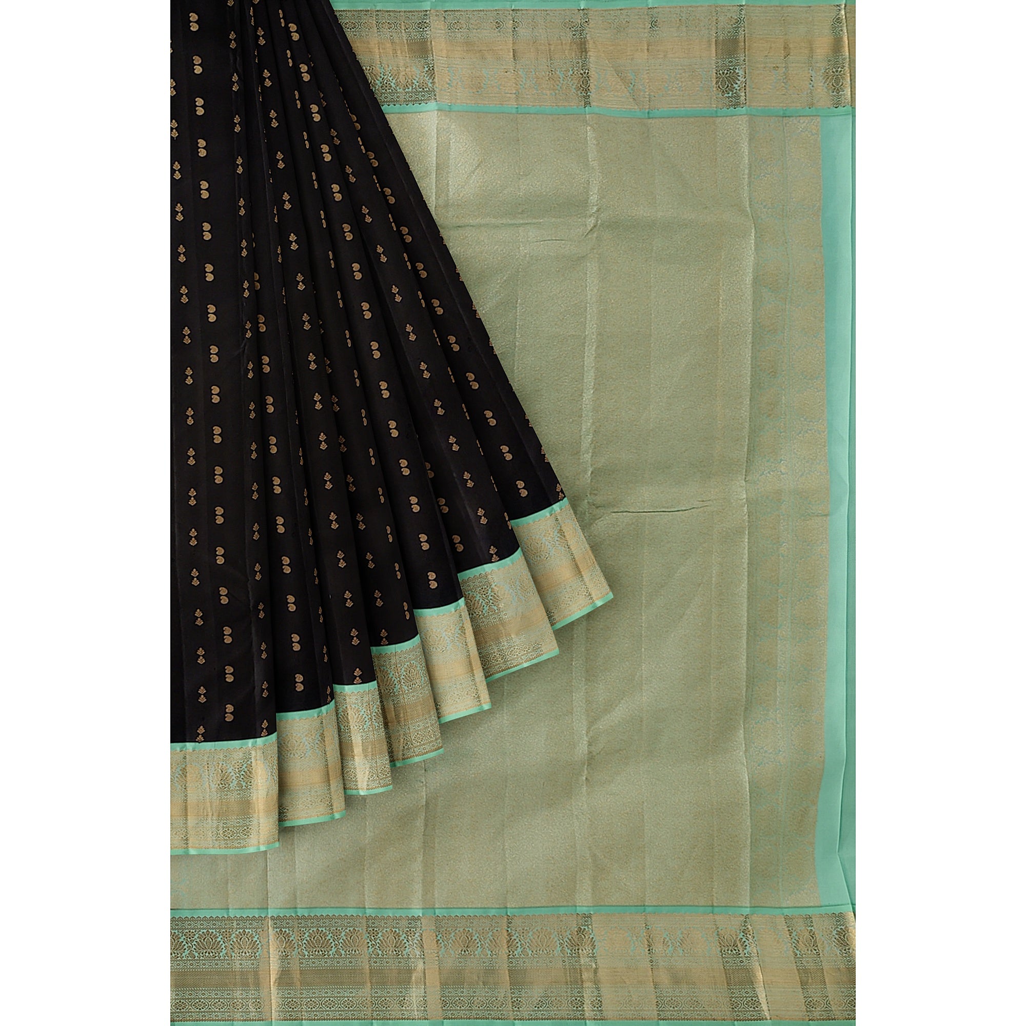 Black Kanjivaram Silk Saree with Pista Green Zari Border – Pure Handloom Bridal Saree Online - New Sudarshan Silks`