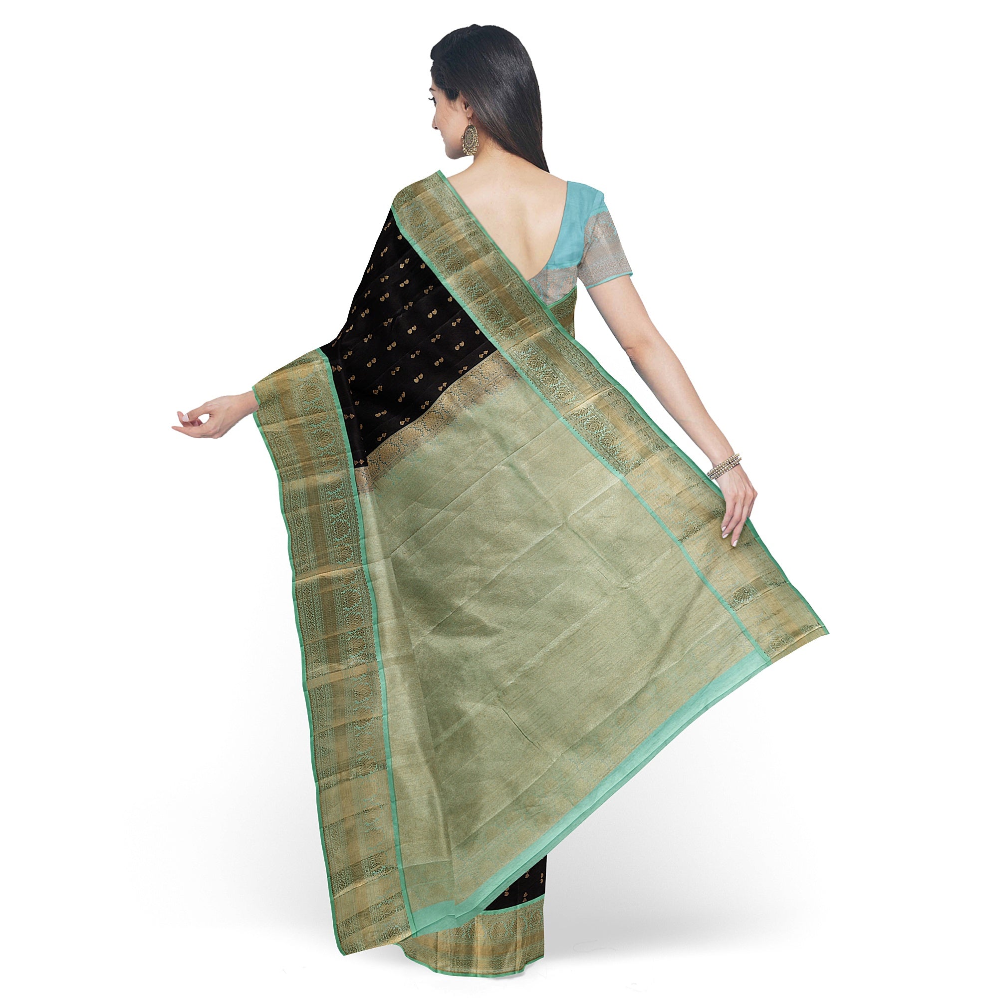 Black Kanjivaram Silk Saree with Pista Green Zari Border – Pure Handloom Bridal Saree Online - New Sudarshan Silks`
