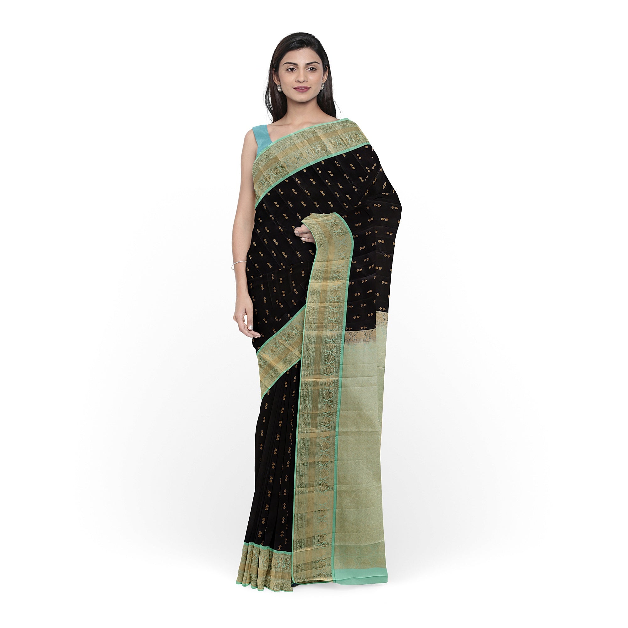 Black Kanjivaram Silk Saree with Pista Green Zari Border – Pure Handloom Bridal Saree Online - New Sudarshan Silks`
