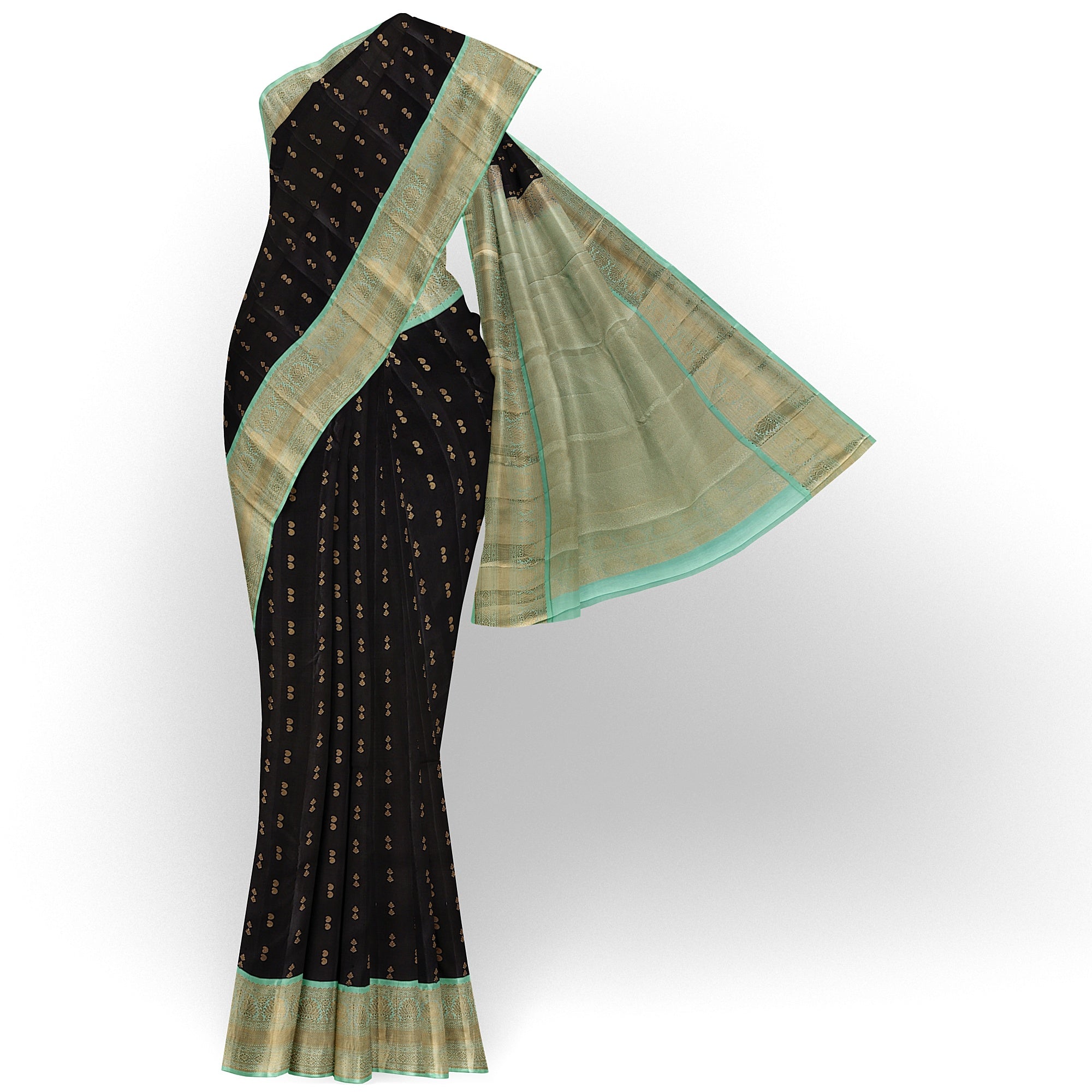 Black Kanjivaram Silk Saree with Pista Green Zari Border – Pure Handloom Bridal Saree Online - New Sudarshan Silks`